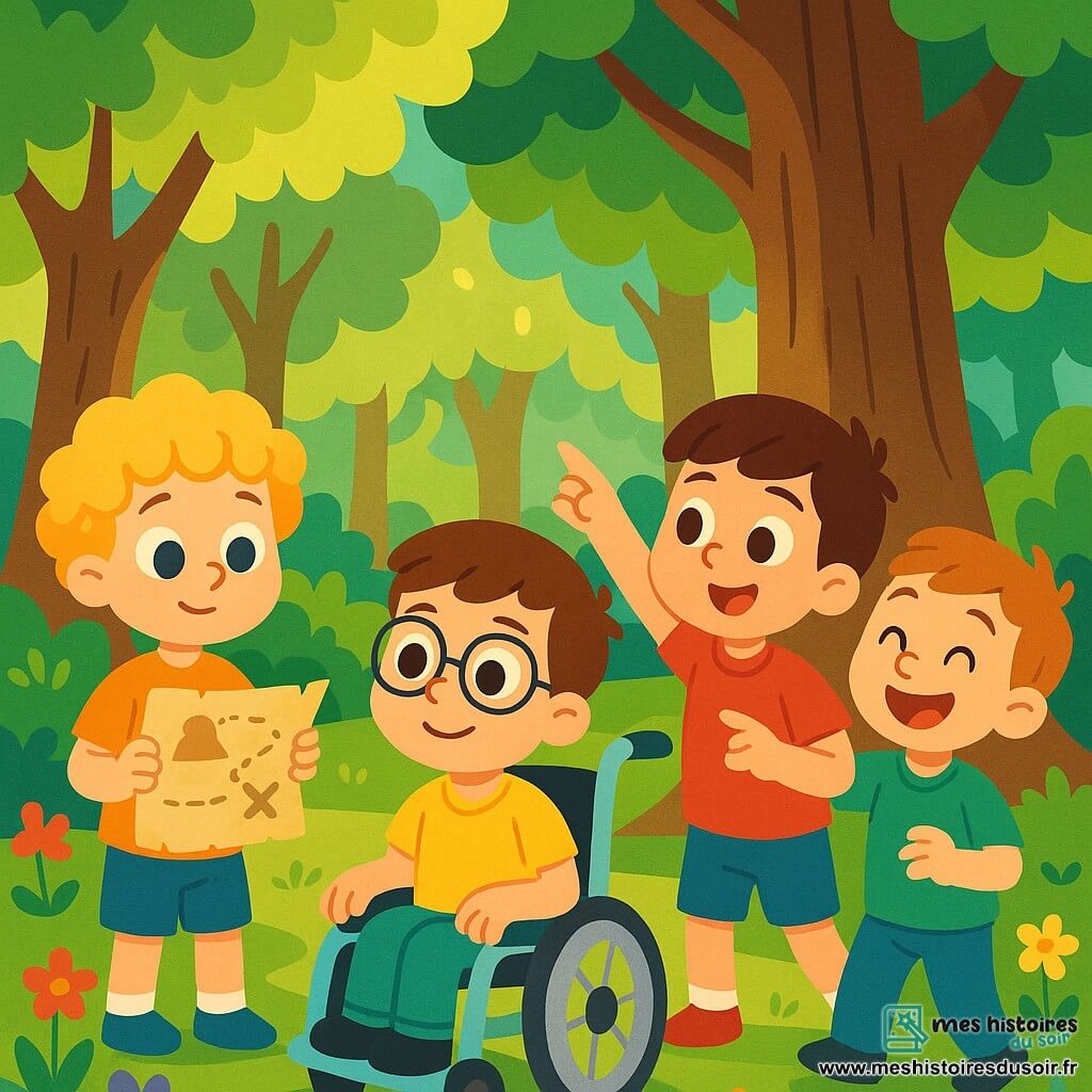 Quatre garçons se tiennent dans une forêt enchantée : Lucas, 8 ans, avec des boucles dorées, tient une carte ancienne ; Timéo, 7 ans, pointe vers un arbre ; Hugo, 9 ans, souriant et en fauteuil roulant, les observe ; Max, 6 ans, rit derrière Hugo. Ils découvrent une carte mystérieuse devant un vieux chêne, prêts à déterrer un trésor caché, entourés par la magie de la forêt.