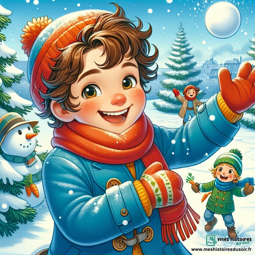 Maxime, un garçon de 11 ans aux cheveux châtains et bouclés, sourit en lançant une boule de neige. Il porte un manteau bleu vif, une écharpe rouge et des gants colorés. À ses côtés, Lucas, aussi âgé de 11 ans, avec des cheveux blonds et des lunettes rondes, rit en se préparant à attraper la boule de neige, vêtu d'un manteau vert et d'un bonnet en laine. En arrière-plan, Sarah, une fille de 10 ans aux longs cheveux bruns, sourit en tenant une carotte pour le nez d'un bonhomme de neige qu'ils construisent. Ils se trouvent dans un parc hivernal, recouvert de neige, avec des sapins chargés de flocons et un ciel bleu clair. La scène montre Maxime et ses amis s'amusant dans une bataille de boules de neige, créant des souvenirs joyeux sous le ciel d'hiver.