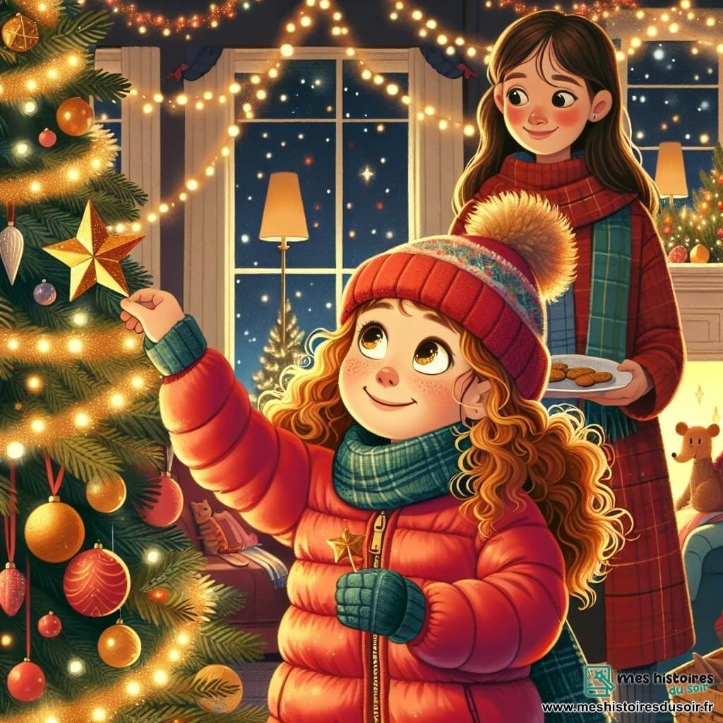 Une petite fille de 7 ans, Lila, aux cheveux bouclés et dorés, décore un grand sapin de Noël dans le salon. Elle porte une doudoune rouge et un bonnet en laine, souriant en accrochant une étoile dorée qu'elle a fabriquée. Sa maman Émilie, une femme d'environ 30 ans avec de longs cheveux bruns, l'observe avec fierté, tenant un plat de biscuits au gingembre. Le salon est décoré avec un sapin illuminé, des guirlandes scintillantes et des cadeaux au pied du sapin. Lila accroche son étoile au sommet du sapin, tandis que sa maman l'encourage, créant une ambiance festive et joyeuse.