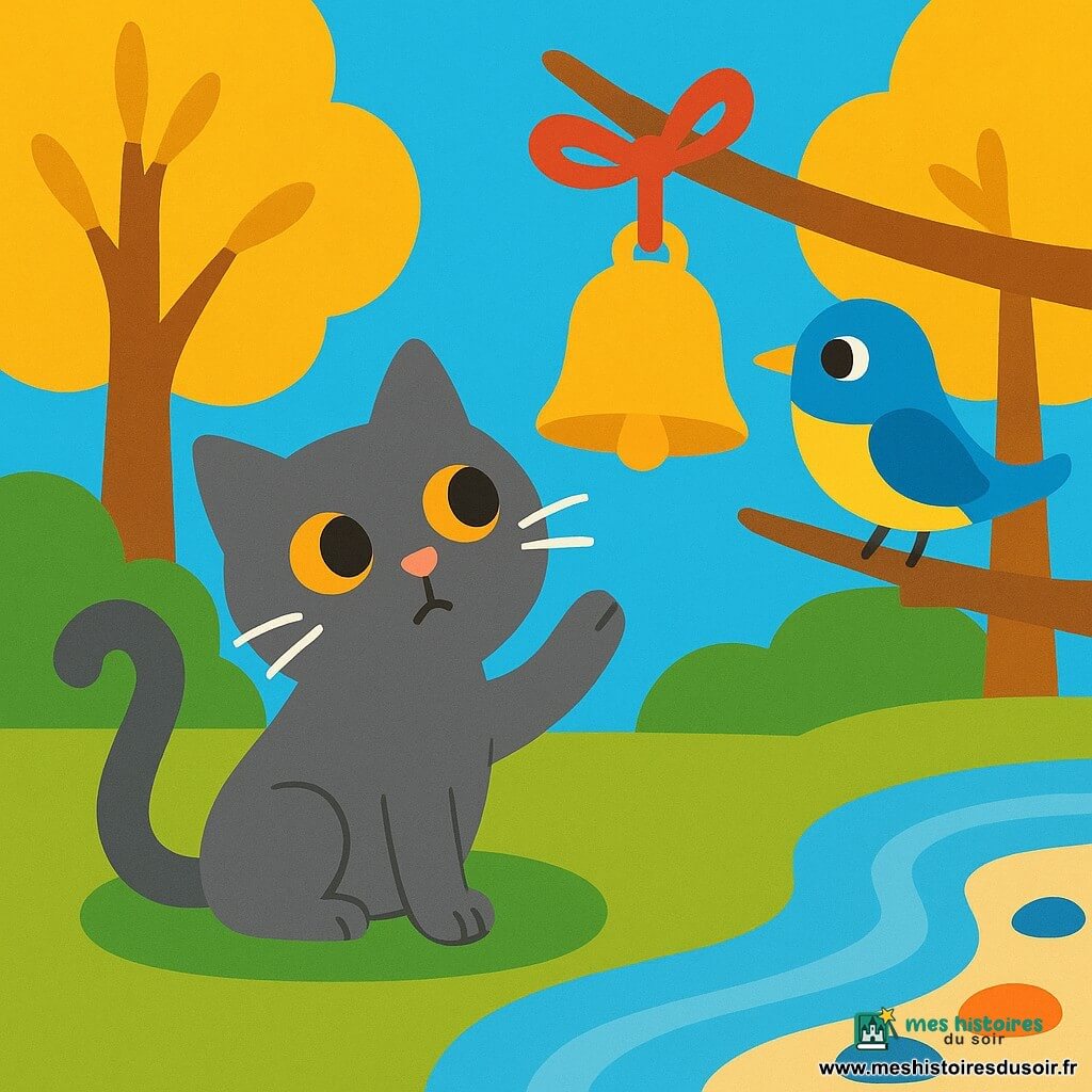 Un chat gris aux longues moustaches blanches et à la queue en point d’interrogation, aux yeux miel, est assis sur un tapis de mousse verte la patte levée vers une petite cloche dorée suspendue par un ruban rouge à une branche au-dessus d’un ruisseau argenté; un oiseau bleu et jaune sur la branche incline la tête vers le chat, les arbres aux feuilles jaune bouton d’or et troncs arrondis encadrent la scène lumineuse aux couleurs saturées centrée sur le chat, la cloche et l’oiseau.