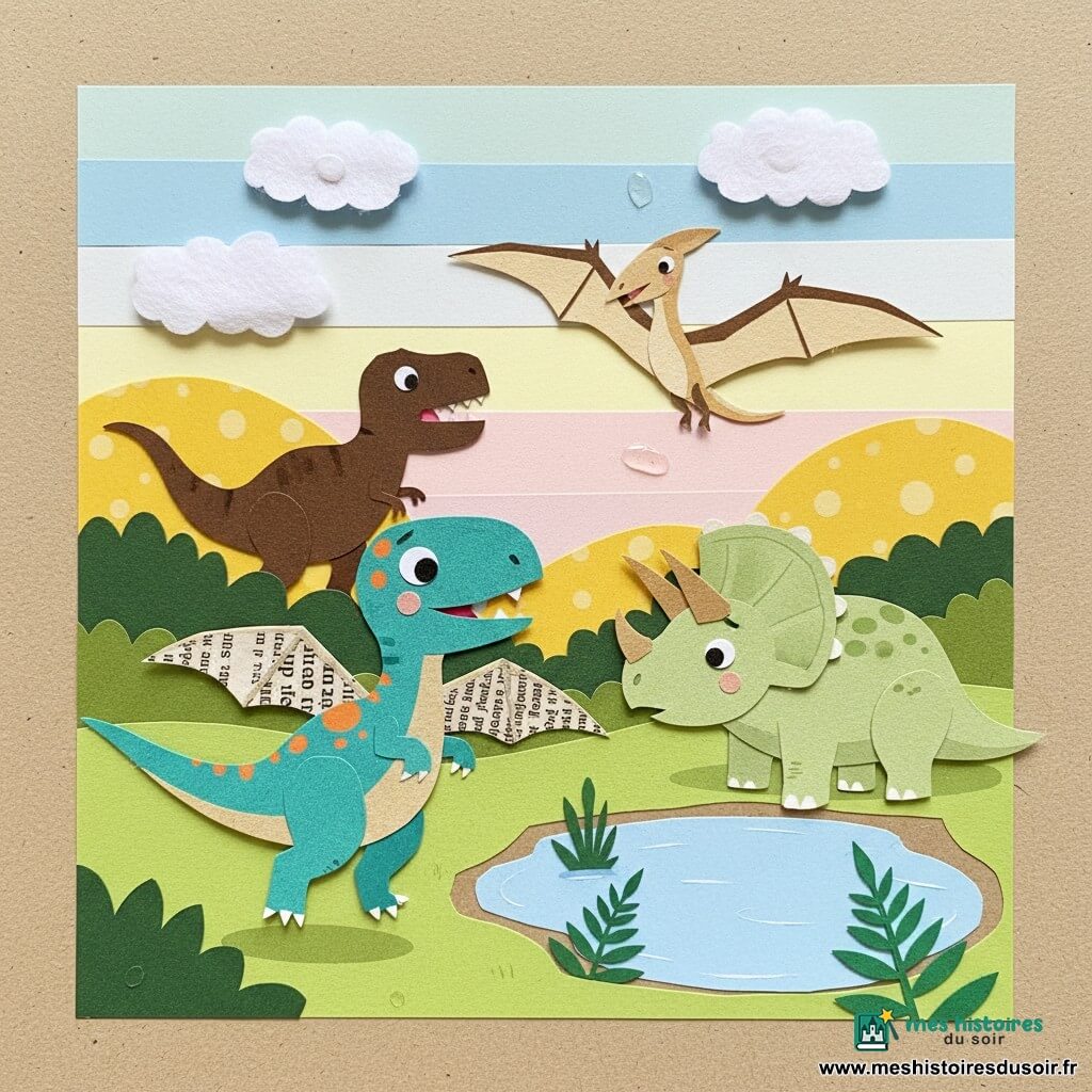 Vicky, jeune vélociraptor turquoise à taches orange, vole légèrement au-dessus du sol en battant de petites ailes improvisées; un tricératops plus grand et sage, vert pâle avec une grosse corne marron, se tient près d’un étang, pattes sur les hanches; un ptéranodon beige et brun voletant au-dessus de Vicky pour l’encourager; un T‑Rex massif marron foncé, l’air surpris, à la lisière d’un bosquet; vallée colorée et simple avec collines jaunes, étang bleu clair, fougères vertes en papier découpé, nuages pompon dans un ciel pastel; scène chaleureuse et sécurisante montrant Vicky protégeant ses amis au bord de l’étang, composition en couches de papier découpé aux textures visibles et bords irréguliers.