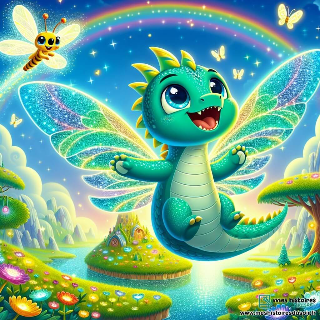 Un jeune dragon turquoise nommé Zéphir vole joyeusement dans le ciel, ses yeux brillants de curiosité et de bonheur. Il déploie ses majestueuses ailes, laissant derrière lui une traînée de lumière. À ses côtés, une luciole dorée appelée Lila, avec des ailes scintillantes, virevolte en riant, ses antennes frémissantes d'excitation. En arrière-plan, une île flottante se dresse, ornée d'arbres aux feuilles en forme de cœur et de fleurs colorées. Des rivières aux reflets arc-en-ciel serpentent à travers le paysage, tandis que des papillons lumineux dansent dans l'air. La scène dégage une atmosphère de magie et d'aventure, alors que Zéphir et Lila s'apprêtent à explorer cette île enchantée.