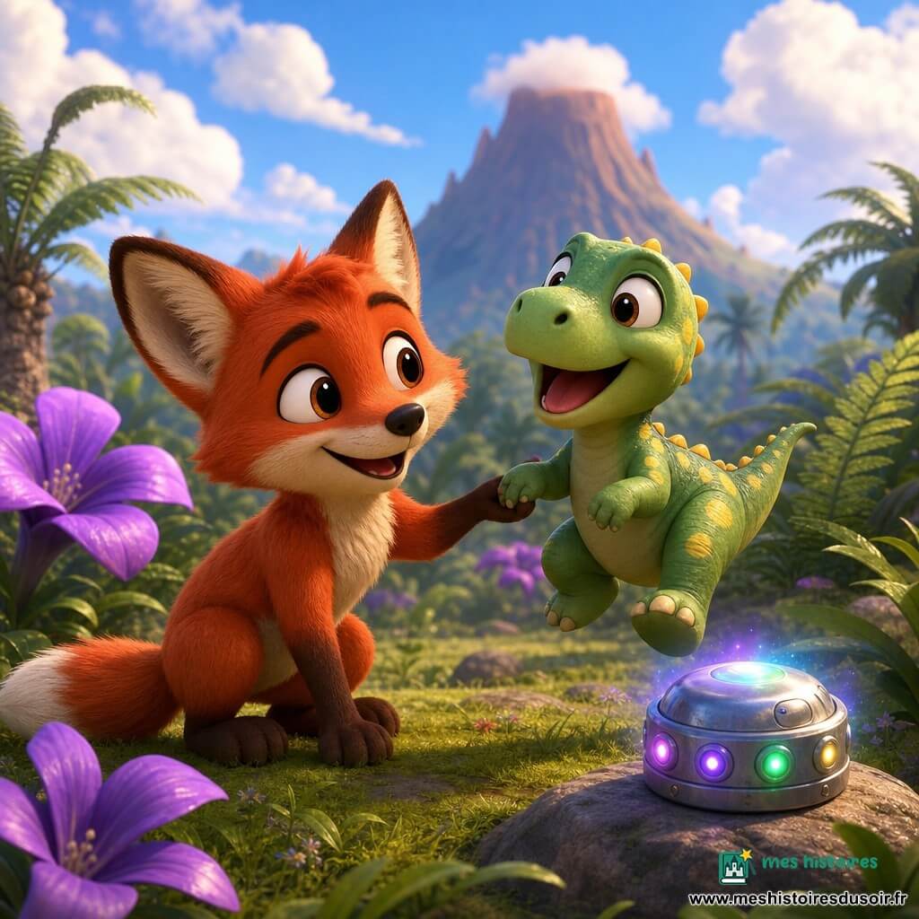Félix, petit renard roux à la fourrure douce et aux grandes oreilles rondes, sourit émerveillé en s'accroupissant et tient la patte d'un bébé dinosaure vert clair à taches jaunes qui rit et saute de joie; une boîte ronde argentée aux lumières clignotantes repose sur un rocher en émettant une lueur douce, autour d'eux une prairie préhistorique luxuriante avec fougères géantes, grandes fleurs violettes et palmiers bas, un volcan arrondi au loin sous un ciel bleu — ambiance sûre, magique et colorée, instant de jeu complice laissant présager une aventure temporelle.