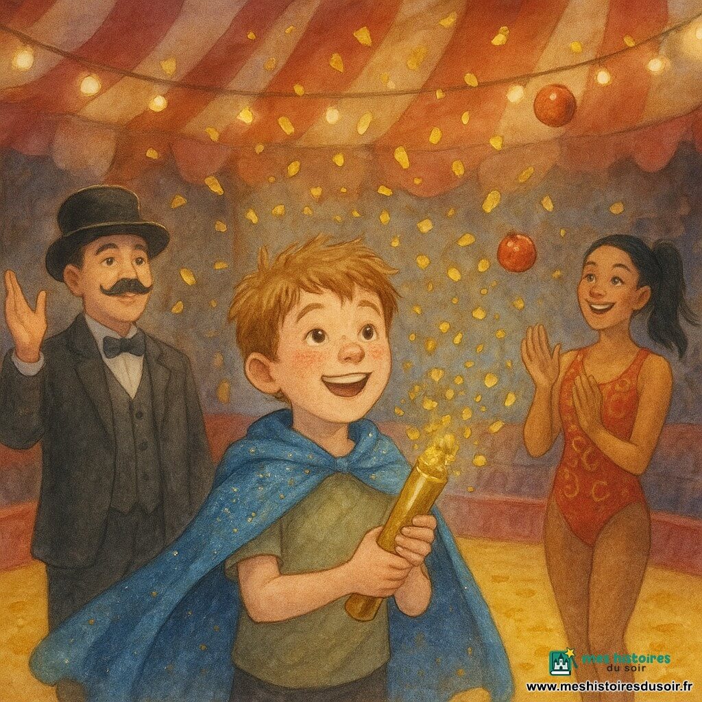 Un garçon de 10 ans, Léo, enthousiaste, visage rond et tacheté de rousseur, cheveux châtain clair en bataille, porte une petite cape pailletée bleue et déclenche un tube à confettis dorés qui scintillent autour de lui; derrière lui, Zoé, jongleuse d'environ 18 ans, souriante et bronzée, cheveux noirs en queue, en justaucorps rouge à motifs dorés, applaudit et jongle avec des pommes; à gauche, Monsieur Gustave, directeur d'environ 50 ans, moustachu, en costume sombre et chapeau melon, présente l'enfant au public; dans une grande tente de cirque rouge et blanche, piste ronde en bois et sciure, gradins sombres, guirlandes de lampes chaudes et projecteurs dorés; moment final du spectacle : pluie de confettis dorés, artistes rassemblés, ambiance festive et lumineuse, traits doux, lavis aquarelle et textures de papier.
