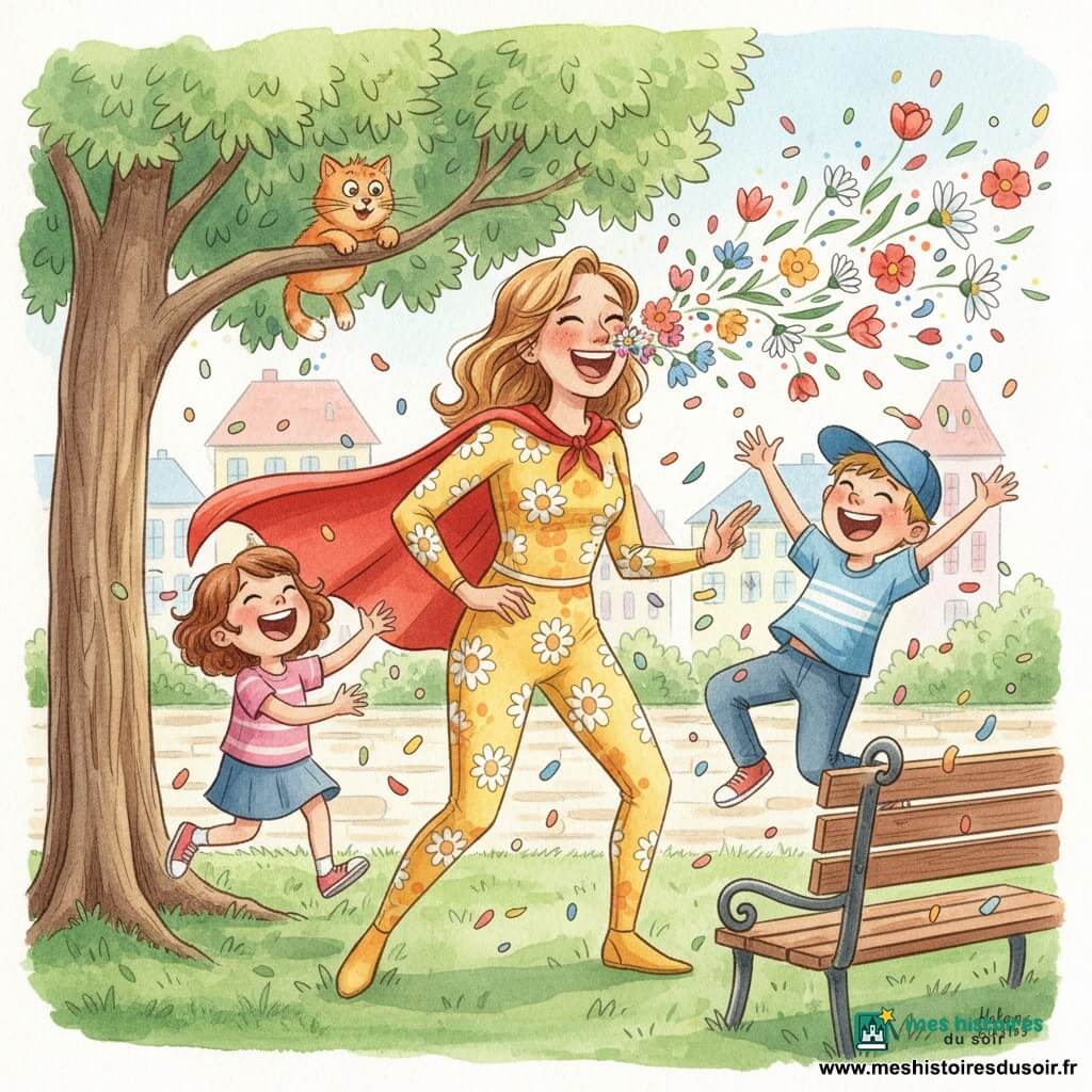 Super-Louise, souriante, éternue des fleurs colorées au-dessus de sa tête; elle porte une cape rouge et une combinaison jaune à marguerites, debout dans un parc ensoleillé sur une pelouse verte texturée; à gauche, une fillette d’environ 7 ans aux cheveux courts bouclés rit en tendant les mains pour attraper des pétales, à droite un garçon de 9 ans en casquette bleue saute en riant parmi des confettis, un petit chat roux accroché à une branche derrière elle regarde la scène; ambiance aquarelle aux couleurs vives, éclaboussures légères, ombres pastel et contours doux, instant comique et chaleureux où tous rient tandis que fleurs et confettis tombent.