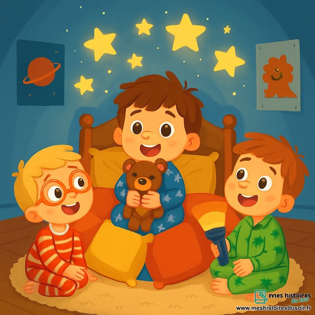Il y a trois personnages : Paul, un garçon de 4 ans aux cheveux bruns en bataille, portant un pyjama bleu avec des étoiles, qui serre son doudou, un ours nommé Nounours ; Léo, un garçon de 4 ans aux cheveux blonds et lunettes rondes, en pyjama rayé rouge et blanc, allongé sur le côté ; et Max, un garçon de 4 ans aux cheveux châtains et taches de rousseur, en pyjama vert avec des dinosaures, assis en tailleur avec une lampe de poche. Ils se trouvent dans une chambre d'enfant chaleureuse aux murs bleu clair, décorée de posters et d'un tapis moelleux. Les trois amis imaginent des étoiles brillantes dans le noir, Paul se sent courageux et Léo et Max partagent des idées pour créer des histoires d'ombres sur les murs.