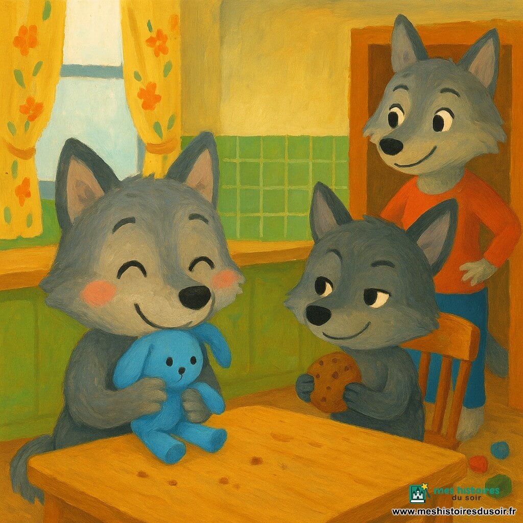 Petit Loup, un jeune loup à la fourrure grise, yeux noisette et joues roses, serre son doudou bleu contre sa poitrine en souriant, soulagé et heureux. Son petit frère Loulou, un louveteau aux oreilles un peu tombantes, est assis sur une chaise basse en souriant malicieusement, tenant un gros biscuit à côté du doudou posé sur la table. Leur sœur aînée, Louve, une adolescente aux poils plus clairs et au regard bienveillant, observe la scène depuis l'embrasure de la porte, les mains sur les hanches. La cuisine cosy et colorée — table en bois clair avec miettes, carreaux verts, lumière douce d'une fenêtre à rideau fleuri et jouets sur le sol — renforce l'atmosphère sûre et chaleureuse. Situation principale : Petit Loup retrouve son doudou près de Loulou, exprimant soulagement et bonheur.
