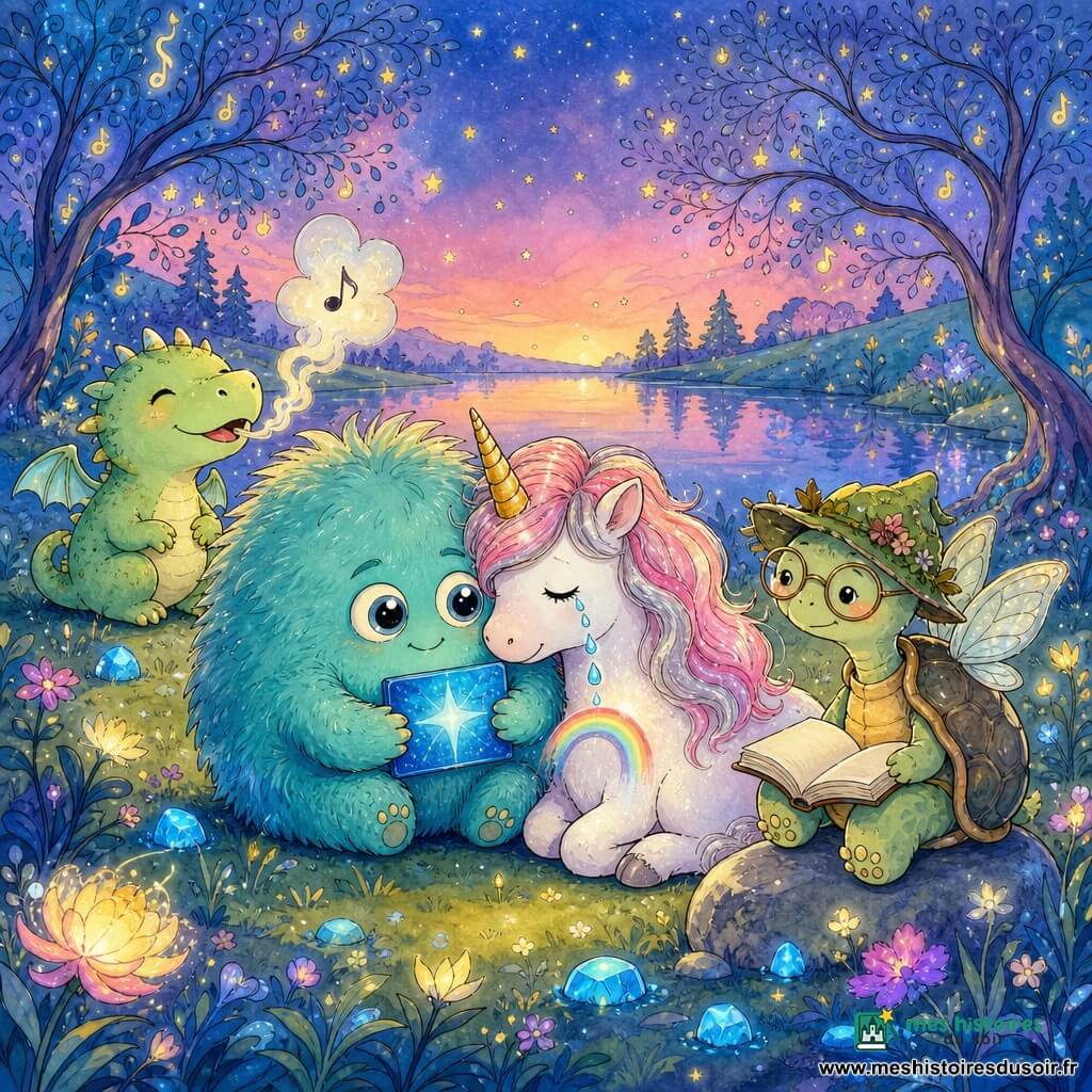 Ploum, petit monstre rond et doux au pelage mousseux bleu-vert, sourit rassurant en tenant une carte bleue brillante; à ses côtés une licorne blanche nacrée à crinière rose et argent pose la tête contre lui, des larmes formant un petit arc‑en‑ciel; derrière, un petit dragon vert aux ailes minuscules souffle une fumée vanille en chantonnant; Tante Tula, tortue ailée aux lunettes rondes et chapeau de feuilles, est assise sur une pierre avec un livre ouvert; le groupe se tient dans une clairière au bord d’un lac miroir bordé de pierres lumineuses et fleurs phosphorescentes, arbres aux feuilles chantantes et ciel crépusculaire étoilé, ambiance douce et réconfortante aux couleurs pastel et contours à l’encre noire.
