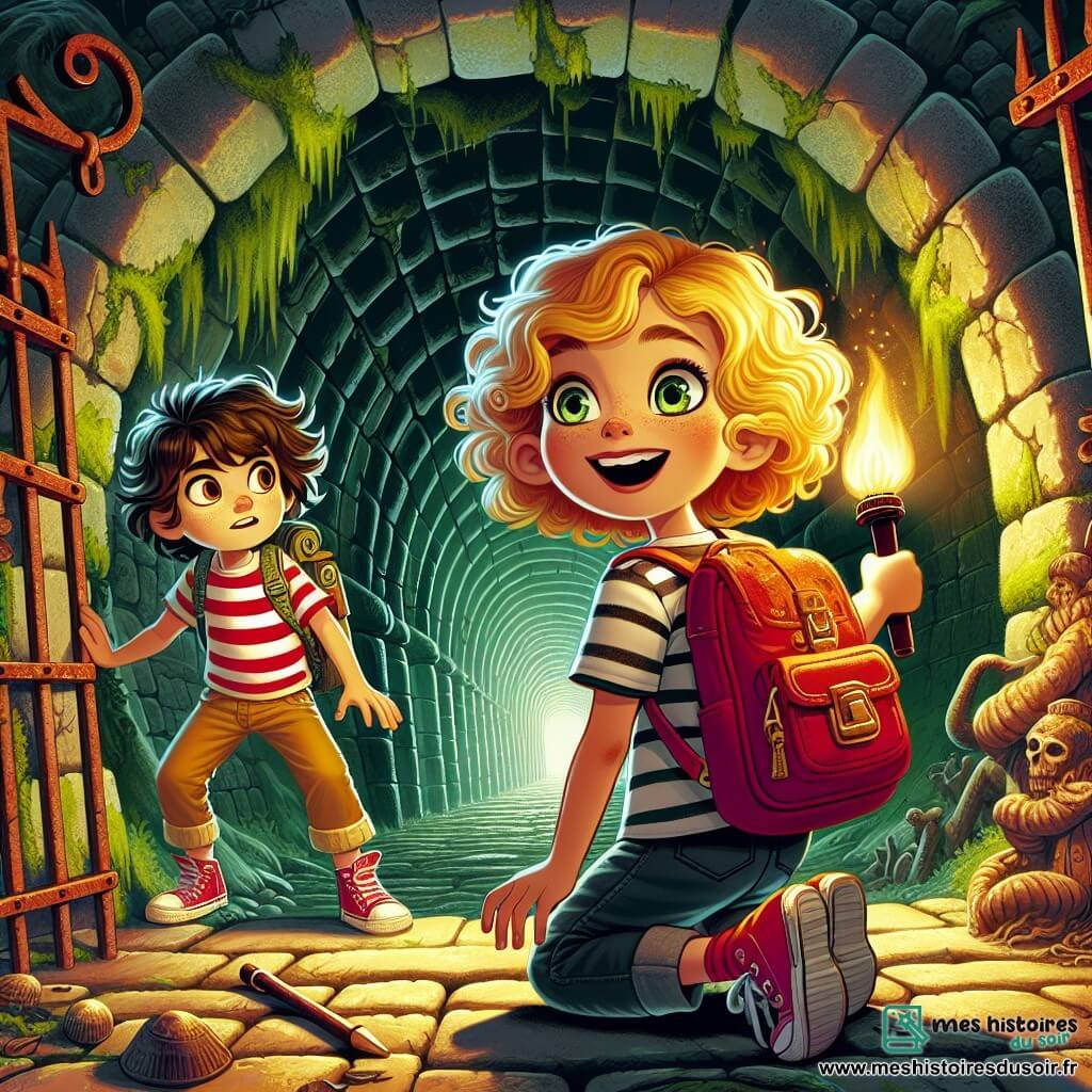 Zoé, une jeune fille aux cheveux bouclés et dorés, porte un sac à dos rouge et un t-shirt à rayures. Son visage exprime une excitation pétillante, avec des yeux brillants et un large sourire. Elle s'accroupit devant une grille rouillée, prête à entrer dans un tunnel mystérieux. À côté d'elle, Léo, un garçon de dix ans aux cheveux bruns en bataille, porte une lampe de poche et la regarde avec complicité, se tenant légèrement en arrière, les mains sur les hanches. Le tunnel est sombre et étroit, avec des murs en briques anciennes recouverts de mousse verte, et des éclats de lumière filtrent à travers des fissures, illuminant des dessins étranges. Zoé et Léo, impatients et curieux, sont prêts à s'aventurer dans l'inconnu, tandis que l'ombre de deux grands garçons, Max et Hugo, se profile à l'entrée de la ruelle, observant avec malice.