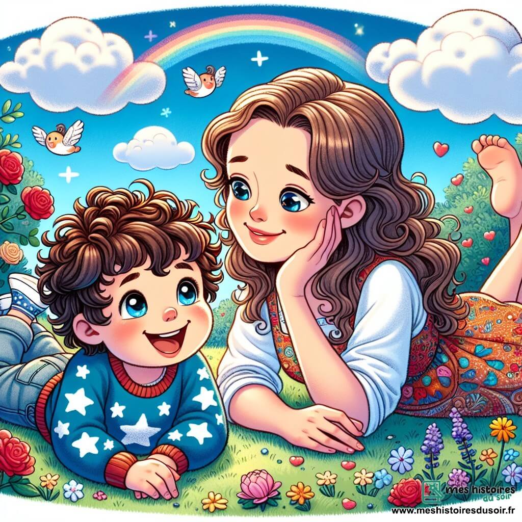 Léo, un petit garçon de 4 ans aux cheveux bouclés et aux yeux pétillants, est allongé sur l'herbe d'un jardin magique, souriant largement. Il porte un pull bleu avec des étoiles blanches. À ses côtés, sa maman, une femme d'une trentaine d'années aux longs cheveux bruns, est assise en tailleur dans une robe colorée, le regardant avec tendresse. Le jardin est rempli de fleurs éclatantes et le ciel est bleu clair avec des nuages amusants. Ils jouent à un jeu de respirations, observant les nuages, créant une atmosphère magique et réconfortante.