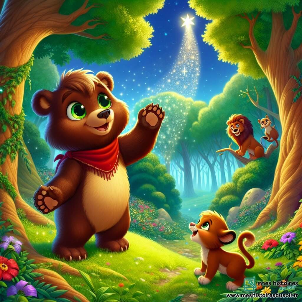 Un ours brun nommé Barnabé se tient sur une colline verdoyante, les yeux brillants et un sourire large. Son pelage est doux et il porte un foulard rouge. Il tend une patte vers un rayon de Lune scintillant. À côté, un lionceau nommé Léon l'admire, assis sur ses pattes avant, tandis qu'un écureuil espiègle, Zoé, grimpe sur une branche en riant. La scène se déroule dans une forêt enchantée, illuminée par la Lune. Barnabé tente d'attraper la Lune, entouré de ses amis qui créent une atmosphère de magie et d'amitié.