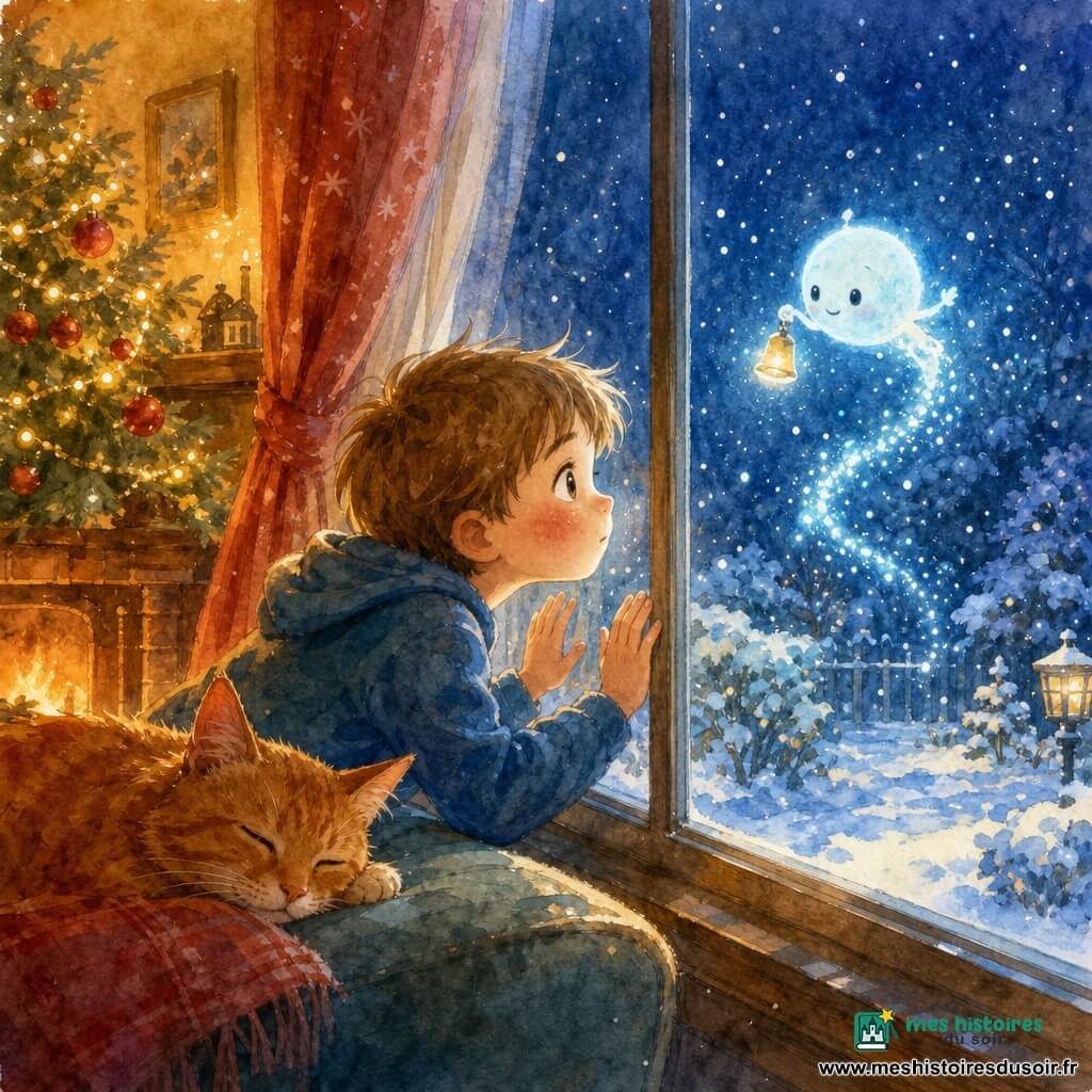 Malo, 6 ans, regarde la nuit dehors avec émerveillement et timidité, nez et mains contre la vitre, visage rond, cheveux châtain clair en bataille et joues rosées; un petit esprit de neige bleu pâle et lumineux, en forme de boule avec minuscules bras et une clochette, virevolte au‑dessus de la neige en traçant un chemin de points scintillants; à gauche, une chatte rousse endormie sur le rebord intérieur du canapé, oreilles tournées vers la fenêtre; salon cosy vu de trois quarts vers la fenêtre, sapin de Noël décoré, cheminée discrète, rideaux tirés, sol en bois et flocons tombant dans le jardin baignés d'une lueur bleue, contraste entre la chaleur ambre de l'intérieur et la froideur bleue extérieure, atmosphère paisible et magique, touches aquarelle pour la neige et les reflets.