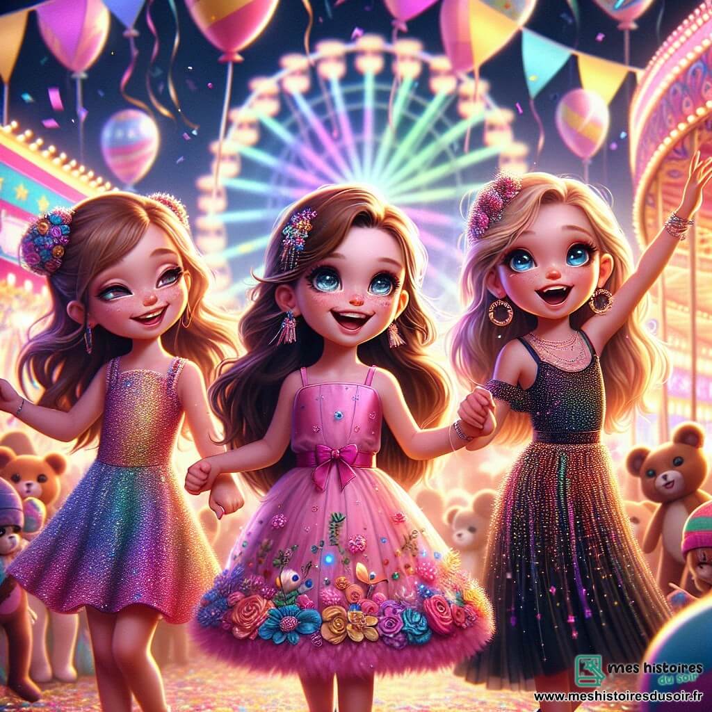 Au centre de l'image, Lila, une petite fille de 7 ans aux longs cheveux bruns et aux yeux pétillants, danse avec enthousiasme dans une robe rose ornée de fleurs. À sa droite, Mia, 6 ans, avec des cheveux blonds et des yeux bleus, rit dans une tenue multicolore pailletée. À gauche, Zoé, 7 ans, cheveux châtains et lunettes rondes, lève les bras en l'air dans une robe noire parsemée d'étoiles dorées. Le décor est un carnaval vibrant avec des ballons colorés, des guirlandes lumineuses et des confettis. En arrière-plan, des stands de friandises et une grande roue ajoutent à l'ambiance festive. Les trois amies se tiennent par la main, riant et dansant au rythme de la musique, célébrant leur amitié et la magie du carnaval.