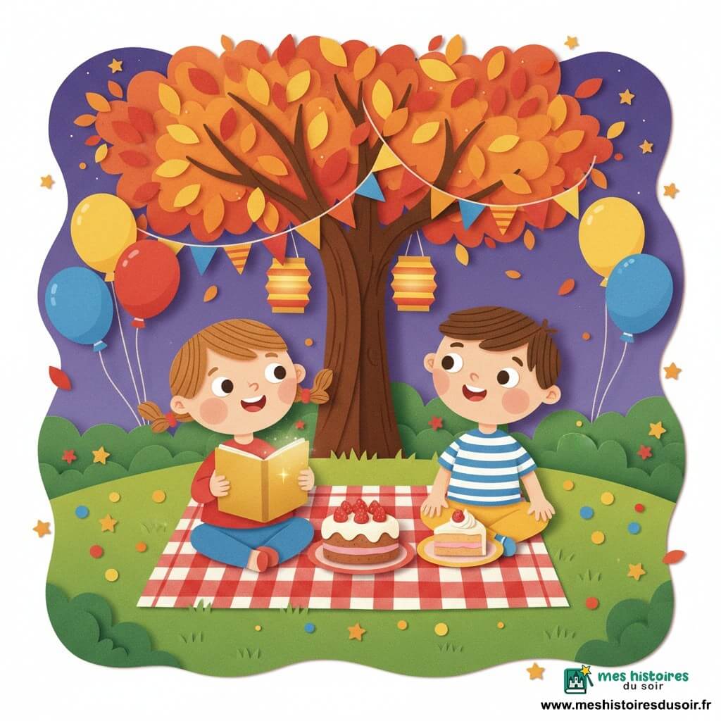 Deux enfants de 3 ans sont assis sur une couverture à carreaux dans un jardin festif en fin d’après-midi : une petite fille aux cheveux châtain clair en couettes, joues rondes et large sourire, tient un carnet doré brillant et regarde des ballons, et un garçon aux cheveux bruns courts, t-shirt rayé bleu et pantalon jaune, admire une part de gâteau à la crème posée devant lui. Sous un grand arbre aux feuilles orange et rouges, guirlandes et lanternes pendent, des ballons rouges, bleus et jaunes flottent autour d’eux, un gâteau aux fraises est posé sur la couverture et de petites étoiles dorées apparaissent dans le ciel violet du soir ; l’ambiance est joyeuse, aux couleurs chaudes, formes simples et textures de papier découpé.