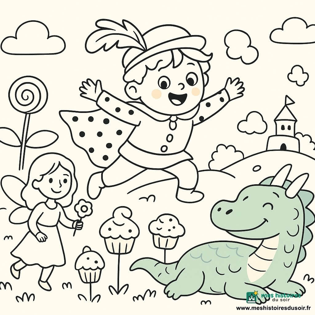 Prince Pompon, garçon d'environ 6 ans, rond et malicieux, saute bras ouverts sur la queue-trampoline du dragon Pastel; la fée Mirabelle, jeune et délicate, lui tend une sucette-fleur; le dragon pastel, grand et doux, sourit en envoyant de petites bulles-nuages. Décor joyeux: champ d'herbe ondulée, cupcakes et sucettes-fleurs sur tiges, lollipops géants, petit château rond et collines arrondies. Scène dynamique, formes simples et contours nets, adaptée aux tout-petits.
