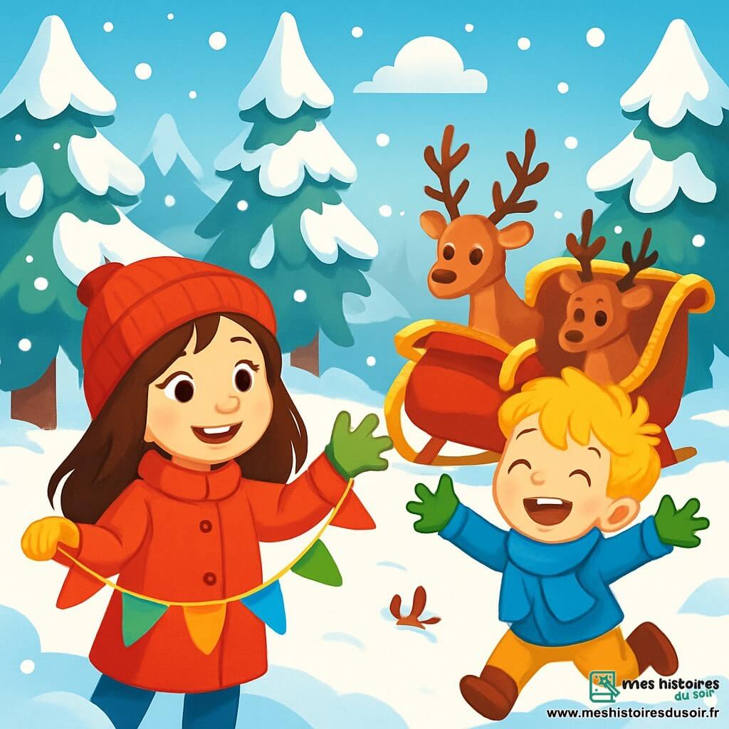 Léa, une fille de 8 ans aux longs cheveux bruns et aux yeux pétillants, porte un manteau rouge vif et un bonnet en laine, souriant joyeusement avec une guirlande colorée. Tom, un garçon de 7 ans avec des cheveux blonds en bataille et un grand sourire, est vêtu d'une écharpe bleue et de gants verts, sautant dans la neige avec excitation. L'histoire se déroule dans une forêt enneigée, avec des sapins chargés de neige scintillante et un traîneau rouge coincé entre deux arbres, où des rennes aux yeux doux observent les enfants. Léa et Tom découvrent le traîneau du Père Noël et, émerveillés, décident d'aider les rennes à se libérer dans une ambiance magique de Noël.