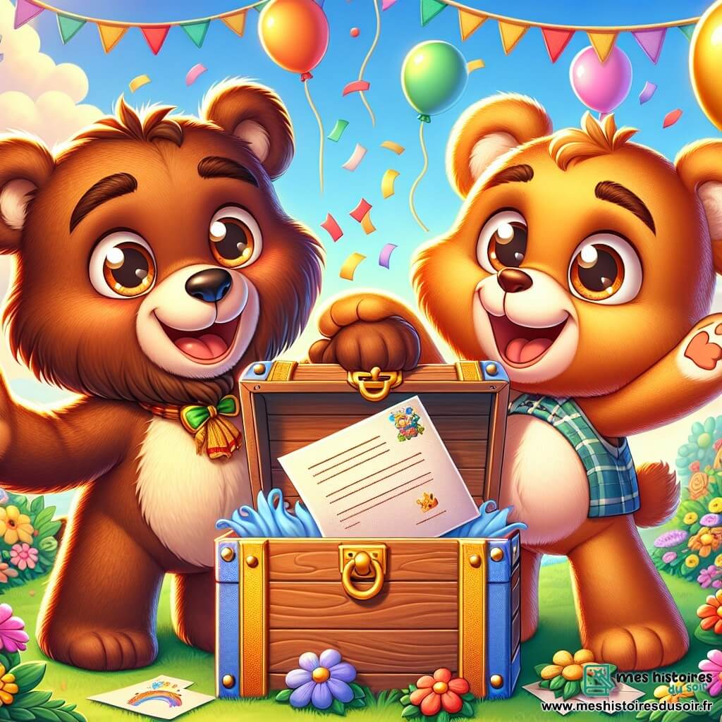 Un coffre en bois nommé Léo, de teinte marron avec des poignées dorées, est ouvert et déborde de souvenirs colorés. Léo, joyeux, montre une lettre à son ami. À ses côtés, un ours en peluche nommé Max sourit, les bras ouverts. Ils sont dans un jardin ensoleillé, entourés de fleurs et de verdure, sous un ciel bleu. Léo et Max célèbrent leur amitié, entourés de souvenirs, de guirlandes colorées et de ballons, créant une atmosphère festive.
