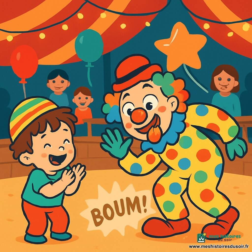 Un petit garçon de 2 ans, Léo, avec des cheveux bruns en bataille et un grand sourire, porte un chapeau à rayures. Il tape dans ses mains, émerveillé. À côté, un clown au nez rouge et aux cheveux multicolores fait des grimaces, tenant un ballon en forme d’étoile. La scène se déroule sous un chapiteau de cirque, rempli de lumières et de ballons. Des spectateurs souriants regardent. Léo, excité, observe le clown qui vient de tomber avec un grand « boum ! », provoquant des rires dans le public.