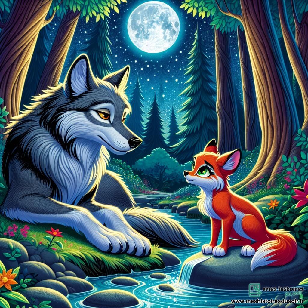 Un loup majestueux nommé Léonard, avec une fourrure grise et des yeux dorés, est assis paisiblement au bord d'un ruisseau, contemplant la lune. À ses côtés, une jeune renarde nommée Luna, au pelage roux et aux yeux curieux, l'observe avec admiration. Le décor est une forêt enchantée, illuminée par la lune, avec des arbres épais et des fleurs colorées. Léonard et Luna partagent un moment de complicité, échangeant des regards pleins de compréhension dans une atmosphère magique et paisible.