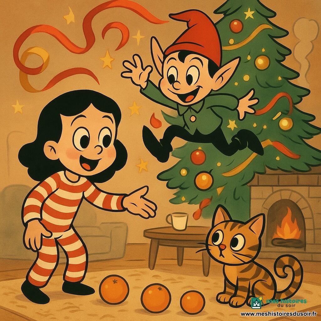 Lina, 6 ans, yeux brillants et sourire émerveillé, en pyjama rayé rouge et blanc tend la main vers une mandarine qui roule ; le Lutin Étincelle, petit garçon-lutin malicieux en bonnet rouge et veste verte, saute sur une branche du sapin faisant tomber des ornements, tandis que Biscotte, chat tigré au regard curieux, observe des mandarines orange vif qui roulent sur le tapis ; le salon chaleureux avec un grand sapin illuminé, une cheminée, tapis beige et table basse avec chocolat chaud dégage une ambiance magique et animée aux couleurs chaudes, ombres arrondies et lignes souples du style rubber hose.