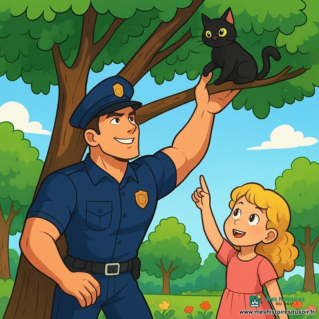 Un policier grand et musclé, portant une casquette bleue et un uniforme impeccable, se tient sous un arbre, le visage déterminé et souriant, regardant vers le haut avec concentration. À ses côtés, une petite fille de six ans, aux cheveux blonds et bouclés, en robe rose, pointe du doigt l'arbre où se trouve son chat. Dans un parc verdoyant avec des arbres feuillus et des fleurs colorées, le policier grimpe doucement dans l'arbre pour attraper le chat noir aux yeux verts, coincé sur une branche.
