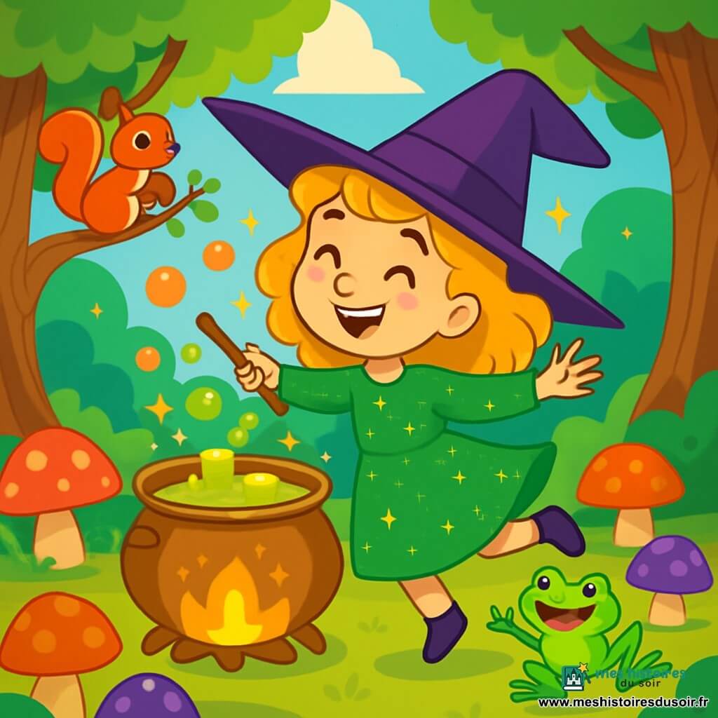 Pétunia, une jeune sorcière aux cheveux dorés, porte une robe verte brillante ornée d'étoiles scintillantes. Elle sourit joyeusement en dansant autour d'une marmite en cuivre qui bouillonne. Une grenouille verte souriante saute joyeusement à proximité, tandis qu'un écureuil curieux observe Pétunia avec une noisette. La scène se déroule dans une forêt enchantée avec des champignons géants colorés et des arbres noueux sous un ciel bleu. Pétunia prépare une potion magique qui fait rire les créatures de la forêt, des bulles colorées flottant vers le ciel et illuminant la scène d'une lumière dorée.