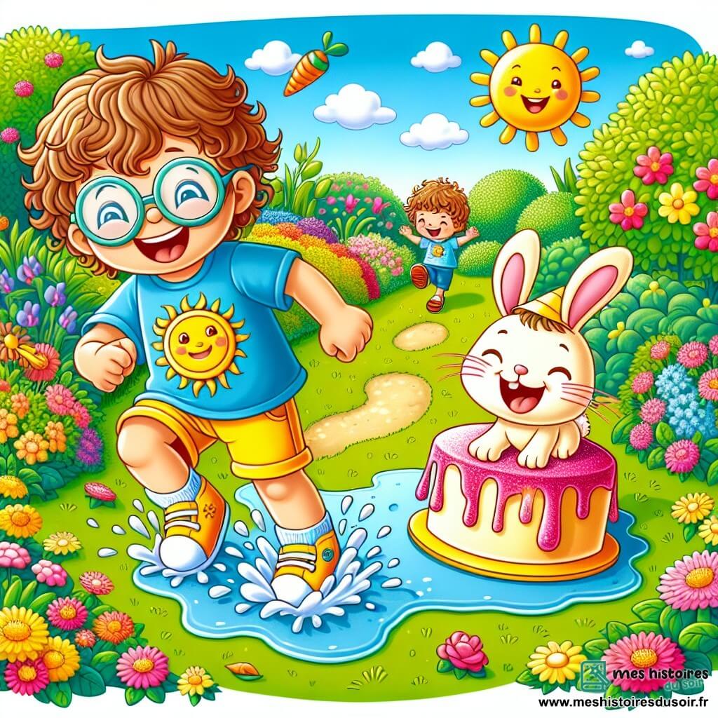 Un petit garçon de 4 ans nommé Léo, aux cheveux châtains et bouclés, rit aux éclats. Il porte un t-shirt bleu avec un motif de soleil et un short jaune. À côté de lui, un lapin farceur, avec de grandes lunettes rondes et un chapeau en forme de carotte, danse joyeusement. Le décor est un jardin ensoleillé, rempli de fleurs colorées et d'herbe verte, où un gâteau rose aux paillettes glisse sur le sol en riant. La scène est joyeuse, avec des rayons de soleil illuminant le jardin. Léo et le lapin glissent avec le gâteau, qui vient de tomber dans une flaque d’eau, créant une ambiance amusante.