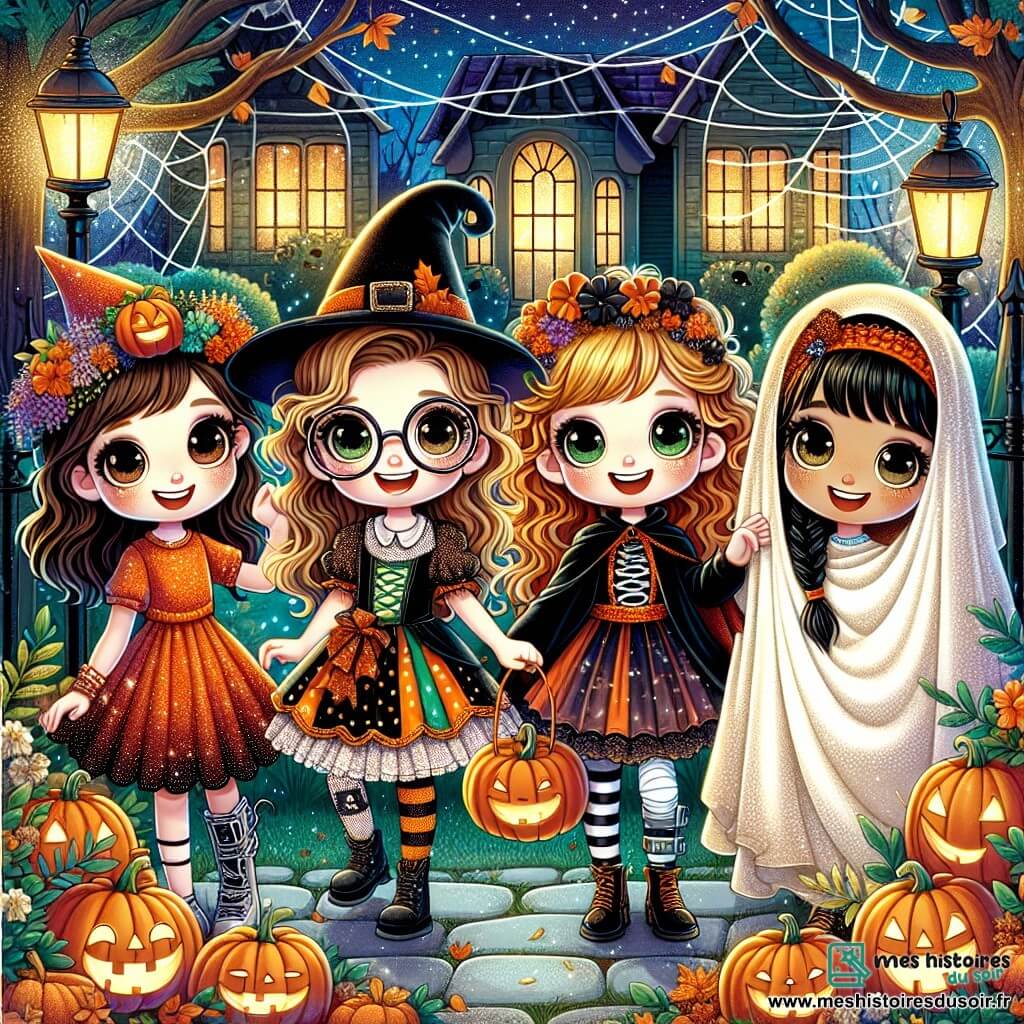 Quatre amies de 10 ans se trouvent dans un jardin décoré pour Halloween. Clara, en sorcière, Lila, en vampire, Zoé, en fantôme, et Mia, en citrouille, sont joyeuses. Le jardin est éclairé par des lanternes en citrouille et des toiles d'araignée ornent les arbres. Elles se tiennent autour d'un miroir ancien brillant, tandis que des silhouettes de fantômes flottent autour d'elles, prêtes à partager des histoires et des aventures.