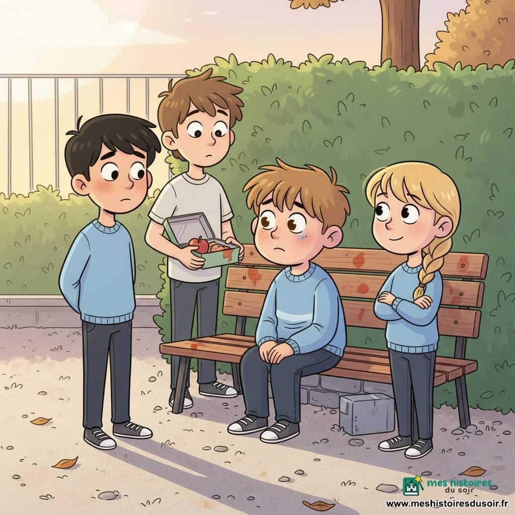 Thomas, 10 ans, visage rond et cheveux châtain clair en bataille, assis sur un petit muret en pierre, mains jointes, regard tourné vers ses amis; à sa gauche Marius, 10 ans, plus mince, cheveux noirs, mains derrière le dos, honteux mais prêt à s'excuser; à sa droite Lucie, 10 ans, cheveux blonds en tresse, bras croisés et sourire encourageant; un peu en retrait Hugo, ~11 ans, tenant une boîte-repas ouverte et reconnaissant sa pomme; cour d'école avec un banc en bois usé, muret gris, haie verte, sol de gravier et quelques feuilles, lumière douce de fin d'après-midi; moment de réconciliation calme et chaleureux, atmosphère tendre, couleurs pastel.