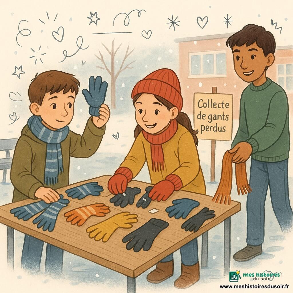 Trois enfants dans une cour d'école en hiver trient des gants sur une grande table en bois : Léo (11 ans, cheveux courts châtain, écharpe rayée bleue, manteau kaki) à gauche aligne des gants rayés et tient un gant bleu cherchant sa paire ; Inès (11 ans, cheveux longs en queue de cheval, bonnet rouge) au centre sourit en triant une pile de gants orphelins et colle des étiquettes ; Samir (12 ans, peau bronzée, pull vert) à droite tend une vieille écharpe orange pour l'ajouter à la collecte. Le sol de ciment luisant présente des plaques gelées, des bancs métalliques et une affiche sur papier craft plantée dans la neige fondue indique « Collecte de gants perdus », tandis que fenêtres embuées et quelques flocons tombant créent une ambiance chaleureuse et solidaire, palette froide rehaussée de touches chaudes et petits doodles d'étoiles, flocons et cœurs.