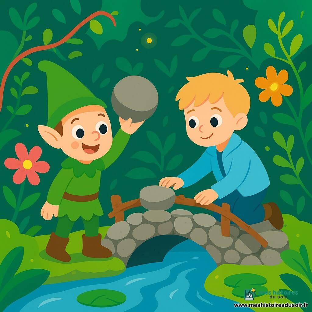 Un lutin nommé Gaspard, joyeux, coiffé d'un chapeau pointu vert et soulevant une pierre ronde pour achever un pont en pierre, et un garçon blond nommé Léo, accroupi à droite en veste bleu ciel, aident à empiler des pierres ; en arrière-plan un labyrinthe végétal de haies enlacées de lianes colorées, grandes fleurs parfumées, feuilles émeraude et petites lucioles, sous une lumière douce aux couleurs vives ; le pont en pierres grises à balustrade de branches entrelacées montre de petites fissures réparées, au-dessus d'une rivière claire et chantante bordée de nénuphars géants, composition centrée sur la construction avec le lutin à gauche et le garçon à droite.