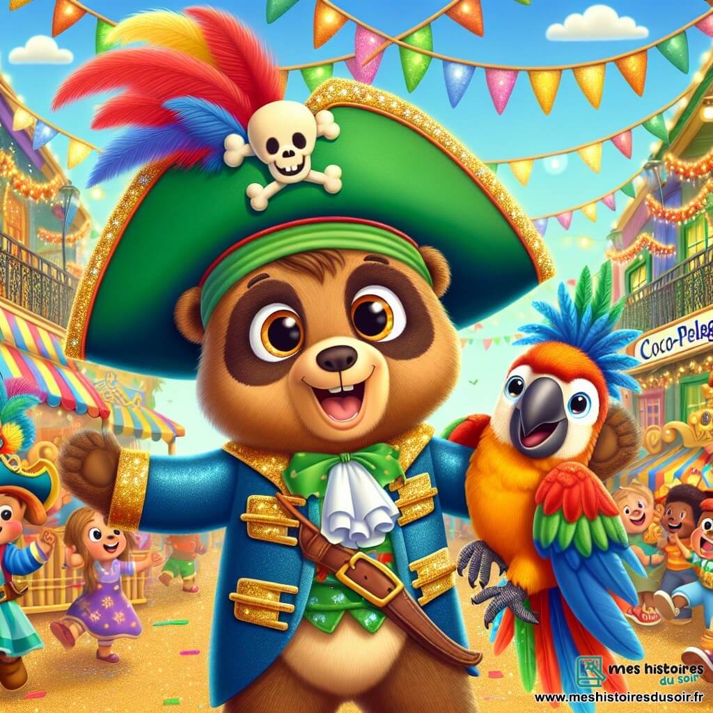 Barnabé, un ourson mignon et curieux en costume de pirate, danse joyeusement au carnaval, accompagné de Léo, un perroquet aux plumes éclatantes. Ensemble, ils se trouvent sur la place du village de Coco-Plage, décorée de guirlandes et de lanternes, où des enfants costumés dansent et rient. Barnabé et Léo, au centre de l'illustration, célèbrent l'événement, prêts à partir à la recherche d'un trésor mystérieux.