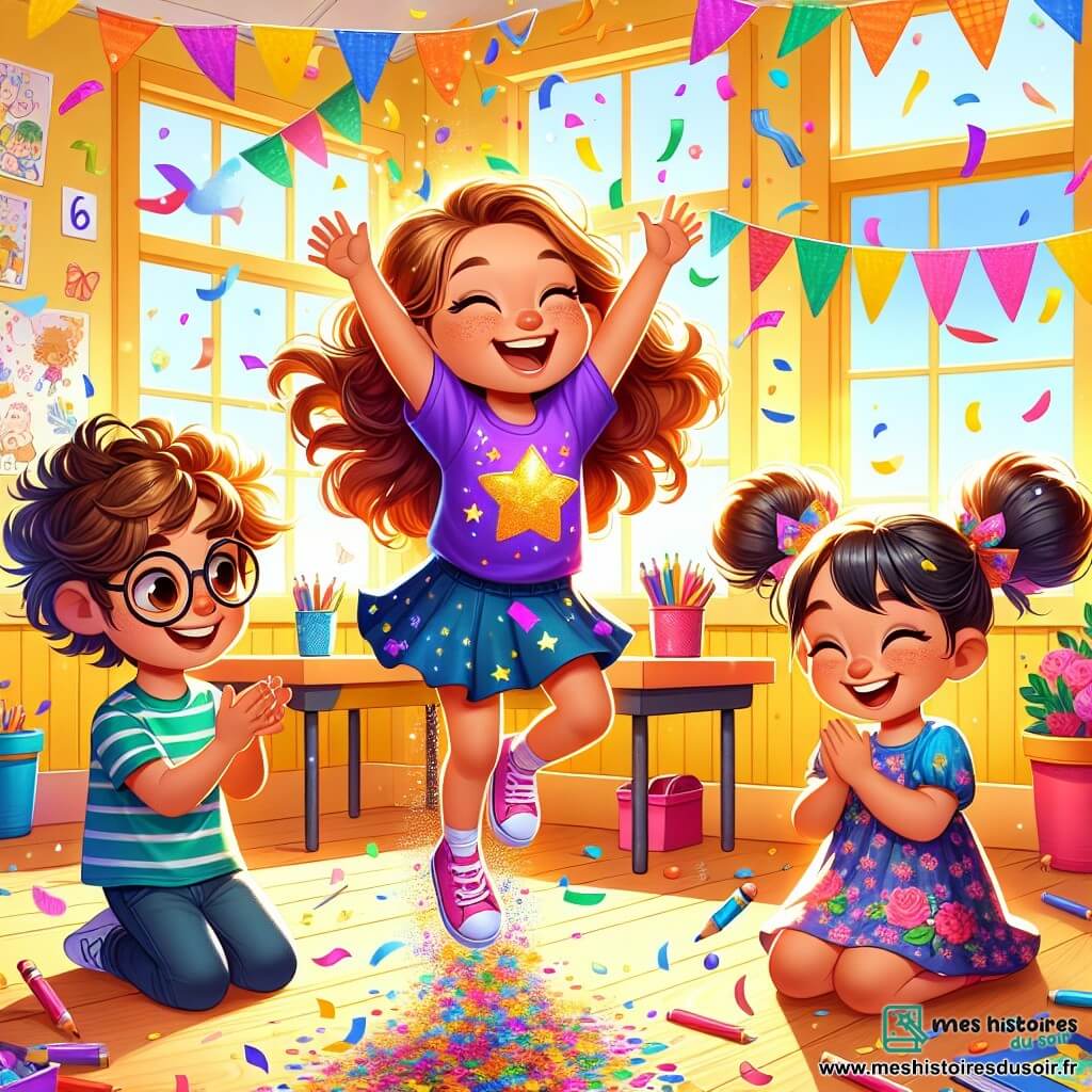 Léonie, une petite fille joyeuse de 8 ans aux longs cheveux bouclés, porte un t-shirt violet avec des étoiles brillantes. Elle saute avec enthousiasme, des confettis colorés s'envolant de ses chaussons roses, son visage rayonnant de bonheur. À côté, Zéphyr, un garçon de 8 ans avec des lunettes rondes, rit en essayant d'attraper les confettis. Camille, une petite fille de 7 ans avec des couettes et une robe à fleurs, applaudit en souriant. La scène se déroule dans une salle de classe lumineuse aux murs jaunes, remplie de dessins d'enfants et de matériel scolaire. Léonie, entourée de ses amis, crée une ambiance festive avec une pluie de confettis multicolores, tandis que les rires des enfants résonnent dans la pièce.