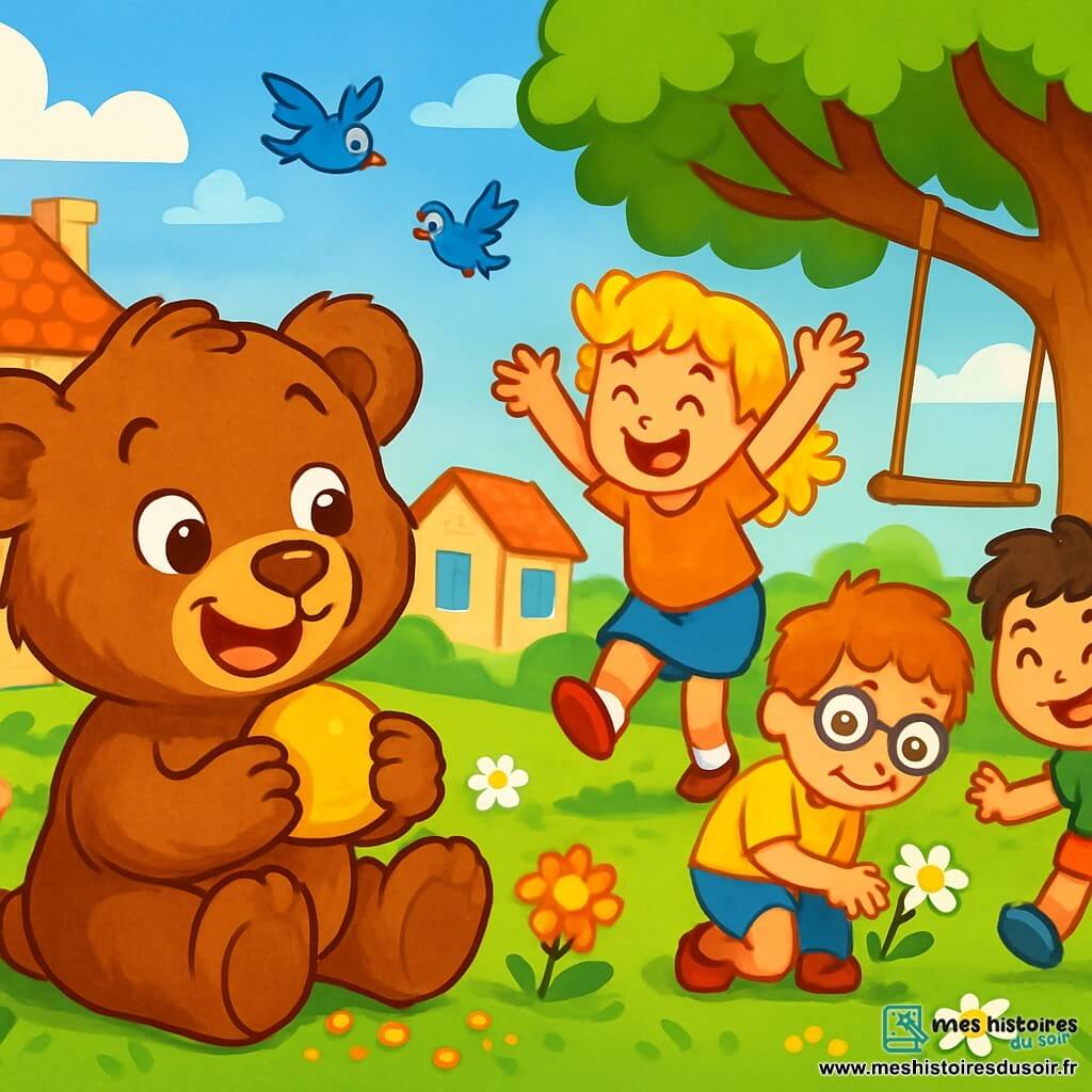 Petit Ours, un ours en peluche aux poils bruns et doux, souriant et aux yeux pétillants, est assis sur l'herbe verte entouré de fleurs colorées. Il tient un petit pain dans ses pattes, laissant des miettes tomber, tout en admirant des enfants qui jouent à proximité. Les enfants, joyeux, portent des t-shirts colorés et des shorts. Une petite fille aux cheveux blonds saute de joie, tandis qu'un garçon aux lunettes rondes s'accroupit pour ramasser une fleur. Le décor est un village de campagne avec des maisons aux volets bleus et un grand chêne, sous un ciel bleu parsemé de nuages et des oiseaux volant au-dessus. Petit Ours découvre la joie de jouer avec ses nouveaux amis, partageant un moment de bonheur rempli de rires et d'énergie estivale.