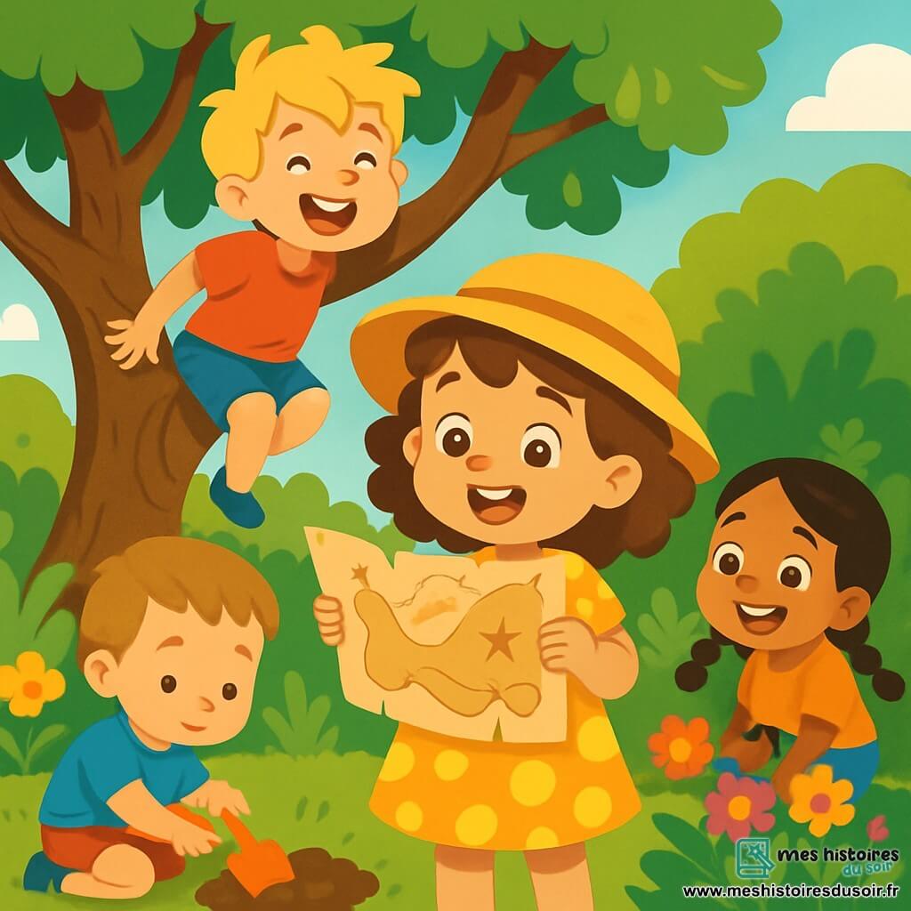Lila, une petite fille de 4 ans aux cheveux bruns et bouclés, porte une robe jaune à pois et un chapeau de paille. Elle sourit émerveillée tout en tenant une vieille carte au trésor. À côté d'elle, Tom, un garçon de 5 ans aux cheveux blonds en bataille, grimpe sur une branche d'un vieux pommier en riant. Zoé, une fille de 4 ans avec des tresses noires, est accroupie près de fleurs colorées, les yeux pétillants. Malo, le petit frère de Lila, âgé de 3 ans, creuse avec une petite pelle en plastique. Le jardin est magique, rempli de fleurs éclatantes et d'arbres feuillus, où les rayons du soleil créent des ombres dansantes sur l'herbe. Lila et ses amis sont prêts à partir à l'aventure pour trouver le trésor caché, riant et s'exclamant de joie.