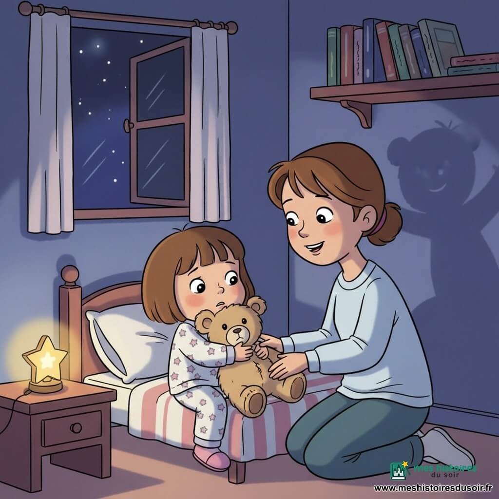 Fille de 2 ans, anxieuse mais soulagée, visage rond, cheveux bruns courts, en pyjama à étoiles, serrant un ours en peluche beige; la mère, ~30 ans, cheveux châtains attachés et sourire doux, s'agenouille près du lit et lui tient la main. L'ours, gros et poilu, posé sur la couverture projette une ombre dansante. Chambre petite et cosy aux murs bleu nuit, étagères de livres colorés, couverture rayée, veilleuse en forme d'étoile sur la table de chevet diffusant une lumière jaune chaude, fenêtre entrouverte sur un ciel étoilé. La mère rassure la fillette dans la pénombre; la veilleuse éclaire leurs visages et les ombres des jouets paraissent amicales. Atmosphère chaleureuse, contrastes doux, lignes rondes, composition centrée sur leur connexion.