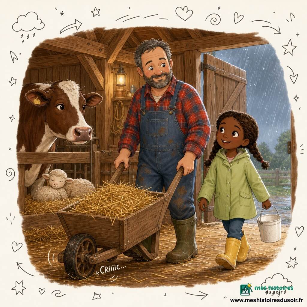 Un fermier souriant aux traits doux, barbe poivre et sel, chemise à carreaux rouge et bleu et salopette en jean, pousse une brouette pleine de paille; Lina, 6 ans, en nattes, bottes jaunes et manteau vert clair, tient un petit seau et marche à côté de lui; une vache brune et blanche le regarde depuis l'étable tandis qu'un agneau crème blotti contre sa mère dort dans un enclos de paille; l'étable en bois, aux poutres apparentes et seaux accrochés, laisse filtrer une lumière tamisée, la pluie tombe dehors sur la porte entrouverte; ils mettent la paille à l'abri sous le toit, créant une ambiance cosy, attentive et protectrice.