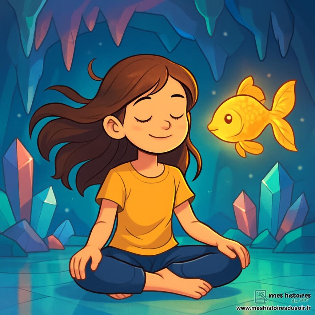 Une fille de 12 ans, Léonie, est assise en tailleur sur un sol de cristal, son visage serein et curieux. Ses longs cheveux bruns flottent autour d'elle, capturant la lumière de la grotte. Elle ferme les yeux avec un léger sourire, respirant profondément, les mains sur les genoux. À côté, un poisson d'or scintillant nage dans l'air, émettant une lumière chaleureuse et semblant danser autour d'elle. La grotte est magique, avec des murs scintillants de couleurs vives et des stalactites brillantes, créant une atmosphère apaisante. Léonie pratique une posture de yoga, inspirant profondément, tandis que le poisson d'or l'accompagne dans une danse légère, apportant paix et bien-être.