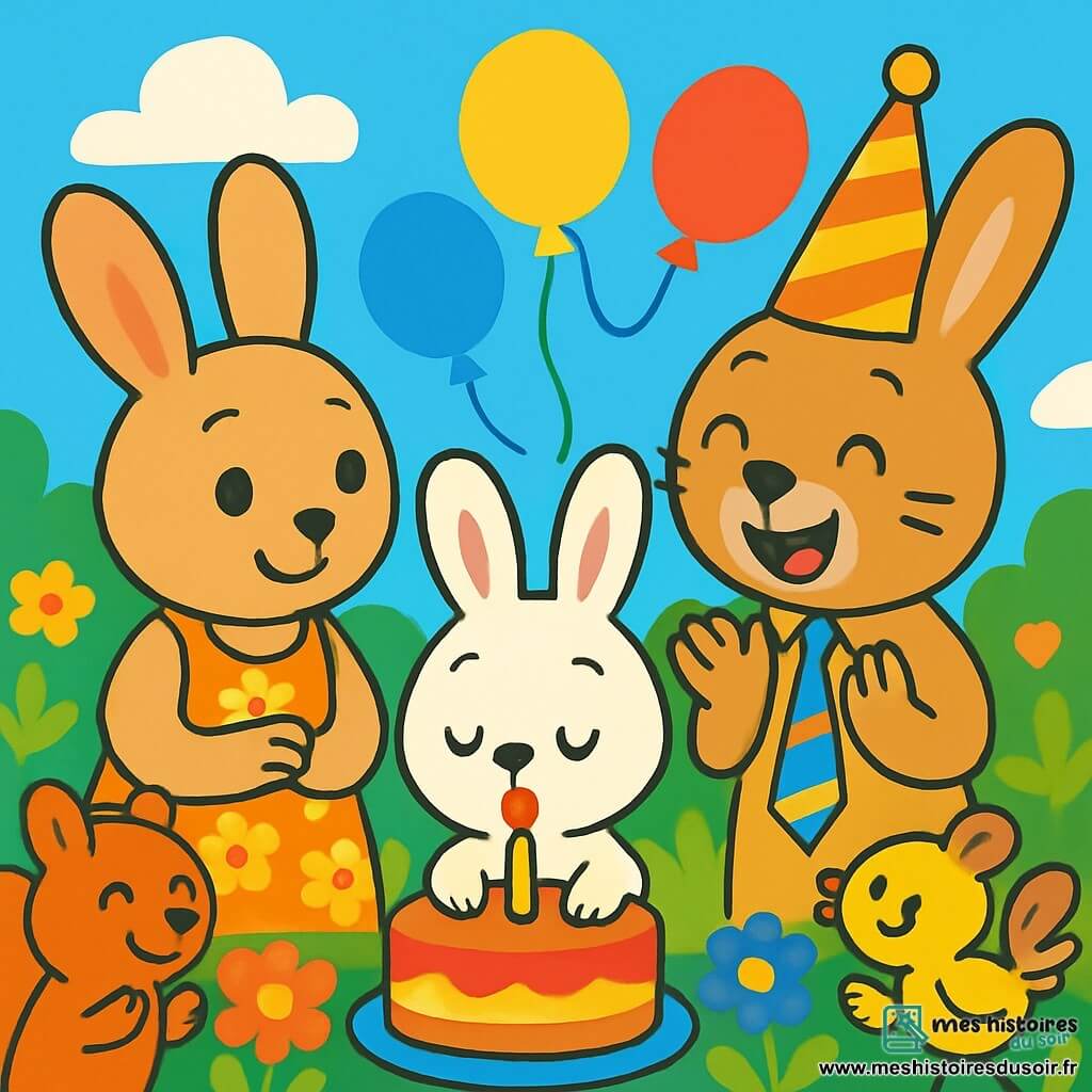 Un petit lapin aux grandes oreilles, avec un pelage doux et blanc, souffle sur une bougie d'anniversaire sur un gâteau coloré. À côté, une maman lapin au pelage brun clair, avec un tablier fleuri, regarde son petit avec fierté. Un papa lapin, portant un chapeau festif et une cravate colorée, applaudit avec un grand sourire. Le décor est un jardin enchanté, rempli de fleurs et de ballons, sous un ciel bleu clair. La scène montre le petit lapin entouré de ses amis chantant et dansant joyeusement autour du gâteau, créant une atmosphère festive.