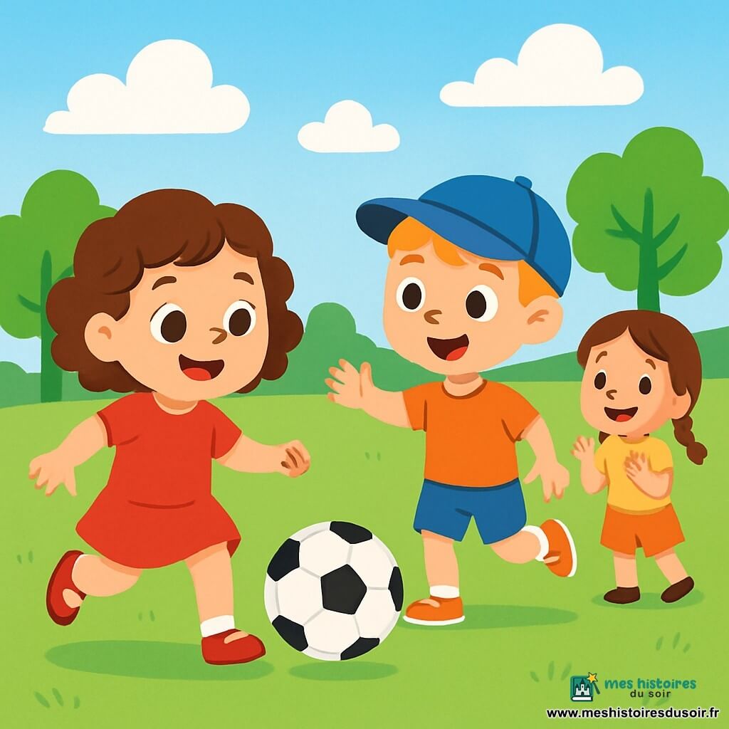Léna, une petite fille de 6 ans aux cheveux bruns bouclés et aux yeux pétillants, porte des chaussures rouges. Elle sourit largement en tapant dans un ballon de football sur un grand terrain vert. À côté d'elle, Tom, un garçon de 7 ans avec des cheveux blonds et une casquette bleue, court vers le ballon, prêt à jouer. Emma, une fille de 6 ans avec des tresses et un t-shirt jaune, applaudit en souriant. Le terrain est vaste, entouré d'arbres et sous un ciel bleu avec des nuages blancs. Léna, pleine d'énergie, joue avec ses amis, créant une ambiance joyeuse.