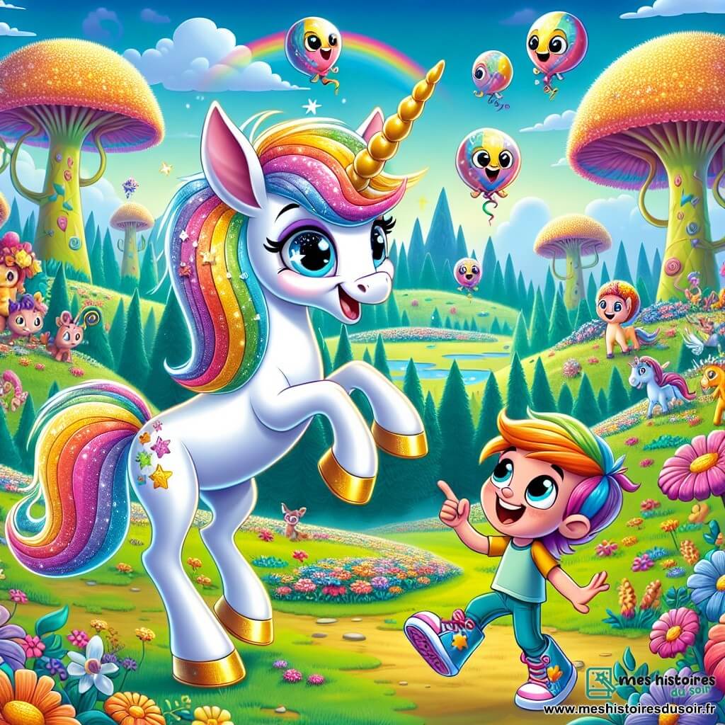 Dans un paysage féerique, une licorne nommée Luminette se tient au centre de l'image. Elle a une crinière aux couleurs de l'arc-en-ciel et un sourire joyeux. Luminette saute avec enthousiasme, entourée de petites créatures. À ses côtés, Zimini, un garçon de 7 ans avec une peau couleur arc-en-ciel et des oreilles pointues, rit aux éclats, portant des chaussures à ressorts. Il pointe un groupe de Gigglybouts, des créatures jouant dans un champ fleuri. Le décor est une vallée enchantée avec des fleurs géantes et un ciel bleu parsemé de nuages en forme de bonbons. La scène représente un moment de pur bonheur, incarnant l'esprit ludique de leur aventure dans le monde fantastique de Fantasia.