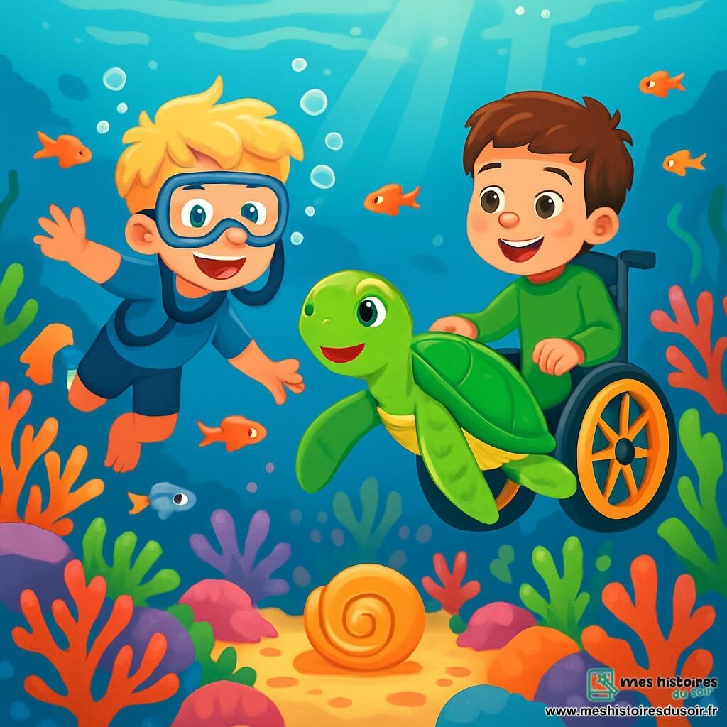 Trois personnages sont présents : Jules, un garçon de 8 ans aux cheveux blonds en bataille, en combinaison de plongée bleue, qui nage joyeusement entouré de bulles ; Sami, un garçon de 8 ans aux cheveux bruns, assis dans un fauteuil roulant amphibie, en combinaison de plongée verte, qui avance dans l'eau avec un sourire ; et Tilly, une tortue marine verte nageant gracieusement devant eux, semblant les guider. L'action se déroule dans un récif corallien lumineux, peuplé de poissons multicolores et de coraux colorés, où les garçons explorent un tunnel de coraux brillants, émerveillés par la beauté des lieux, tandis que Tilly les conduit vers une clairière mystérieuse avec un coquillage doré scintillant.