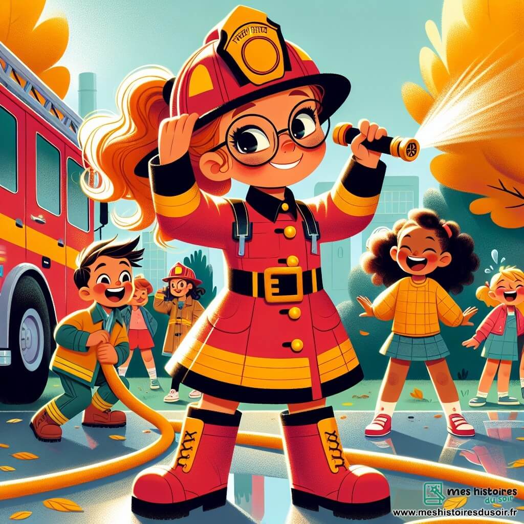Sophie, une femme pompier énergique, se tient au centre de l'image, souriante et déterminée, en uniforme rouge vif, casque brillant et bottes robustes. Elle brandit une lance à incendie, prête à éteindre un feu imaginaire, ses yeux pétillant de joie. À côté d'elle, Lucas, un garçon de 8 ans aux lunettes rondes, admire la scène, portant un petit casque de pompier et tenant un bidon d'eau. Marie, une petite fille de 7 ans aux cheveux bouclés, rit et encourage Lucas. La scène se déroule dans un parc ensoleillé de Flambelieu, avec un camion de pompier rouge à proximité et des enfants jouant autour. Sophie dirige une démonstration de sécurité incendie pour les enfants, leur enseignant l'utilisation des équipements tout en s'amusant, créant une atmosphère joyeuse et dynamique.