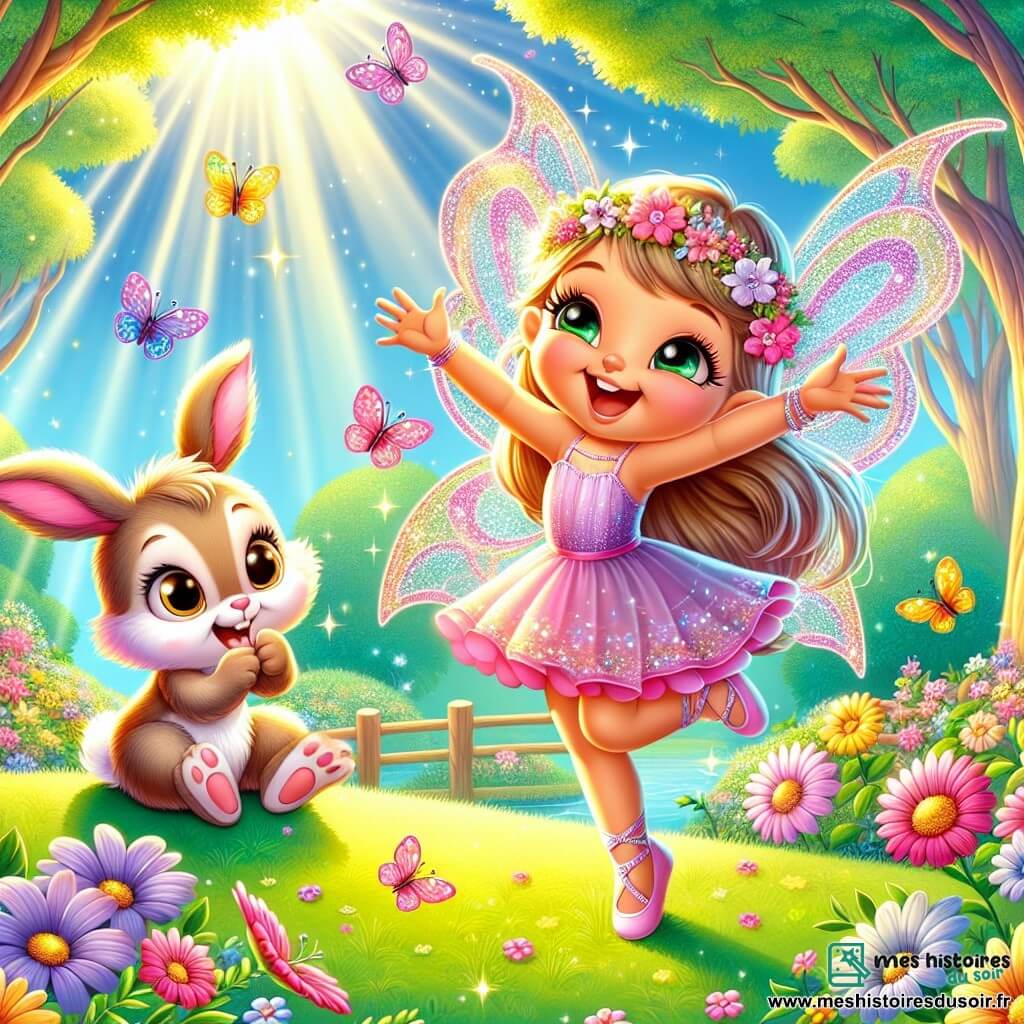 Lila, une petite fée aux longues oreilles roses et aux ailes scintillantes, danse joyeusement dans une clairière ensoleillée, souriante. Ses mouvements gracieux sont entourés de fleurs colorées. À côté d'elle, Mia, une adorable lapine à la fourrure douce et aux grands yeux dorés, applaudit avec enthousiasme, prête à danser. La clairière est entourée d'arbres majestueux dont les feuilles filtrent la lumière, créant une ambiance magique. Des papillons colorés volent autour, enrichissant la scène. Lila et Mia s'entraînent ensemble pour un tournoi de danse, partageant rires et complicité, tandis qu'une douce brise fait bouger les fleurs.