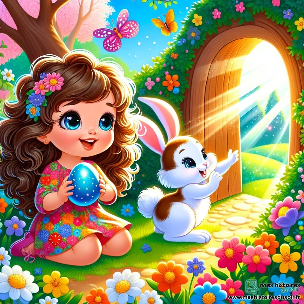 Une petite fille de 2 ans, Mia, avec de grands yeux brillants et des cheveux bouclés châtains, porte une robe colorée à fleurs. Elle est accroupie dans un jardin ensoleillé, tenant un œuf bleu. À côté d'elle, un petit lapin aux grandes oreilles, avec un pelage blanc et des taches brunes, sourit joyeusement, pointant vers une porte magique cachée derrière un grand arbre. Le jardin est rempli de fleurs éclatantes et de papillons, créant une atmosphère festive. Mia découvre un monde magique derrière la porte, émerveillée par les œufs colorés qui brillent au soleil, tandis que le lapin l'encourage à explorer ce nouvel endroit enchanté.