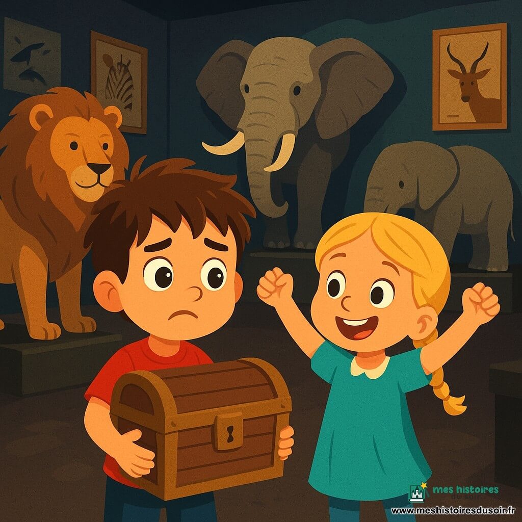Un petit garçon de 4 ans, Miralem, aux cheveux bruns en bataille et aux grands yeux curieux, se tient dans une salle sombre du musée zoologique, inquiet mais déterminé, les mains serrées autour d'un coffre ancien. À ses côtés, Charlie, une petite fille de 4 ans avec des cheveux blonds tressés et un sourire espiègle, l'encourage avec enthousiasme. La salle est remplie d'animaux empaillés, créant une ambiance mystérieuse. Miralem et Charlie, pleins d'excitation, viennent de découvrir un coffre mystérieux et sont prêts à ouvrir le trésor caché.
