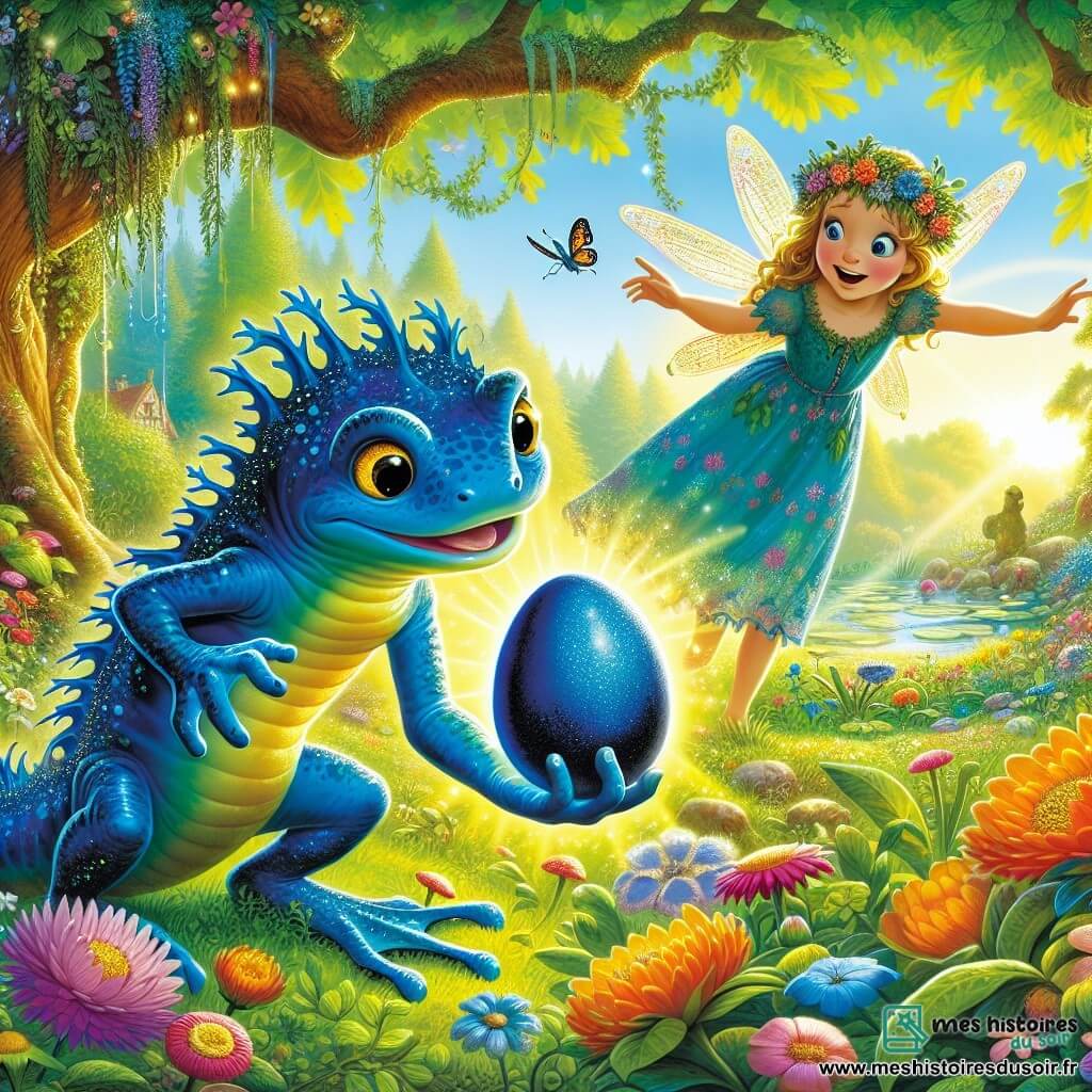 Au centre de l'image, Tiburce, un jeune triton aux écailles bleu vif, sourit émerveillé en découvrant un œuf bleu intense sous un buisson fleuri. À ses côtés, une petite fée aux ailes scintillantes et vêtue de pétales de fleurs vole joyeusement, l'invitant à explorer l'œuf. En arrière-plan, un parc enchanté est rempli de fleurs colorées, de papillons et d'un vieux chêne majestueux. La lumière du soleil crée une atmosphère magique. Tiburce tient l'œuf brillant, encouragé par la fée à découvrir son secret.