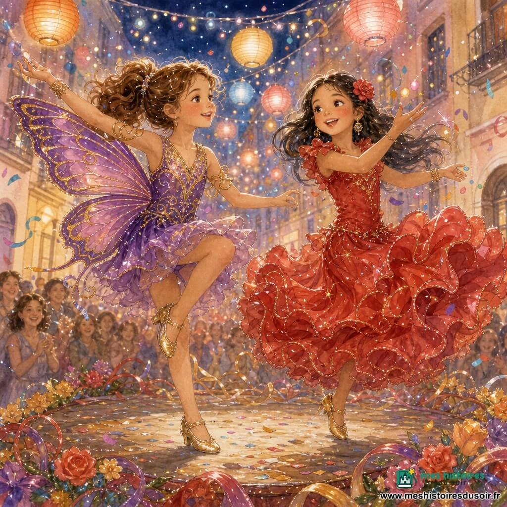 Deux filles d’environ 9 ans dansent côte à côte sur un char fleuri dans une ruelle pavée la nuit : Léa, cheveux bruns bouclés en queue, costume de papillon violet et or aux ailes chatoyantes et chaussures dorées, à gauche ; Camille, cheveux noirs lisses avec une fleur rouge, robe rouge de danseuse de flamenco qui tournoie, à droite, souriante et attrapant des confettis. Des lampions en papier et guirlandes multicolores illuminent des façades pastel, des confettis et rubans flottent, la foule floue applaudit, ambiance joyeuse et magique, palette chaude avec scintillements argentés.