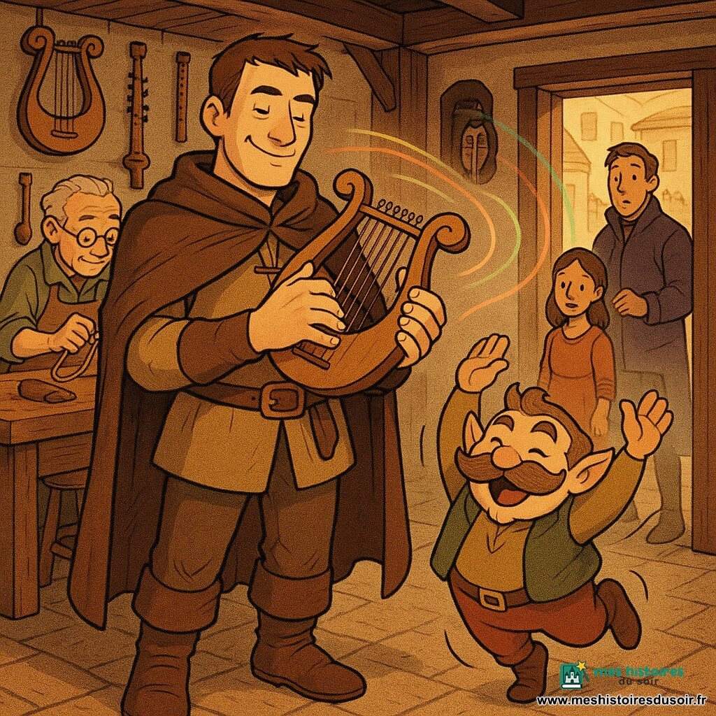 Soren, grand et chaleureux malgré un visage sérieux, joue une lyre en bois réparée contre sa poitrine au centre d’un atelier de luthier chaleureux — poutres sombres, murs couverts d’instruments suspendus et établi usé, lumière dorée entrant par une grande fenêtre sur une place pavée — tandis que des ondes colorées et douces de sa musique se répandent vers l’extérieur et font sourire les passants; à ses côtés Pilo, petit farfadet rond aux oreilles pointues, danse joyeusement, Maître Liron, un homme d’environ 60 ans aux cheveux blancs et lunettes rondes, ajuste une corde à l’arrière-plan avec fierté, une fillette de 6–8 ans tient la main de sa mère à la fenêtre, émerveillée, et un homme en manteau violet observe la scène dans l’ombre, surpris et réservé; ambiance héroïque et réconfortante, couleurs chaudes, contrastes doux, traits arrondis, style bande dessinée tendre.