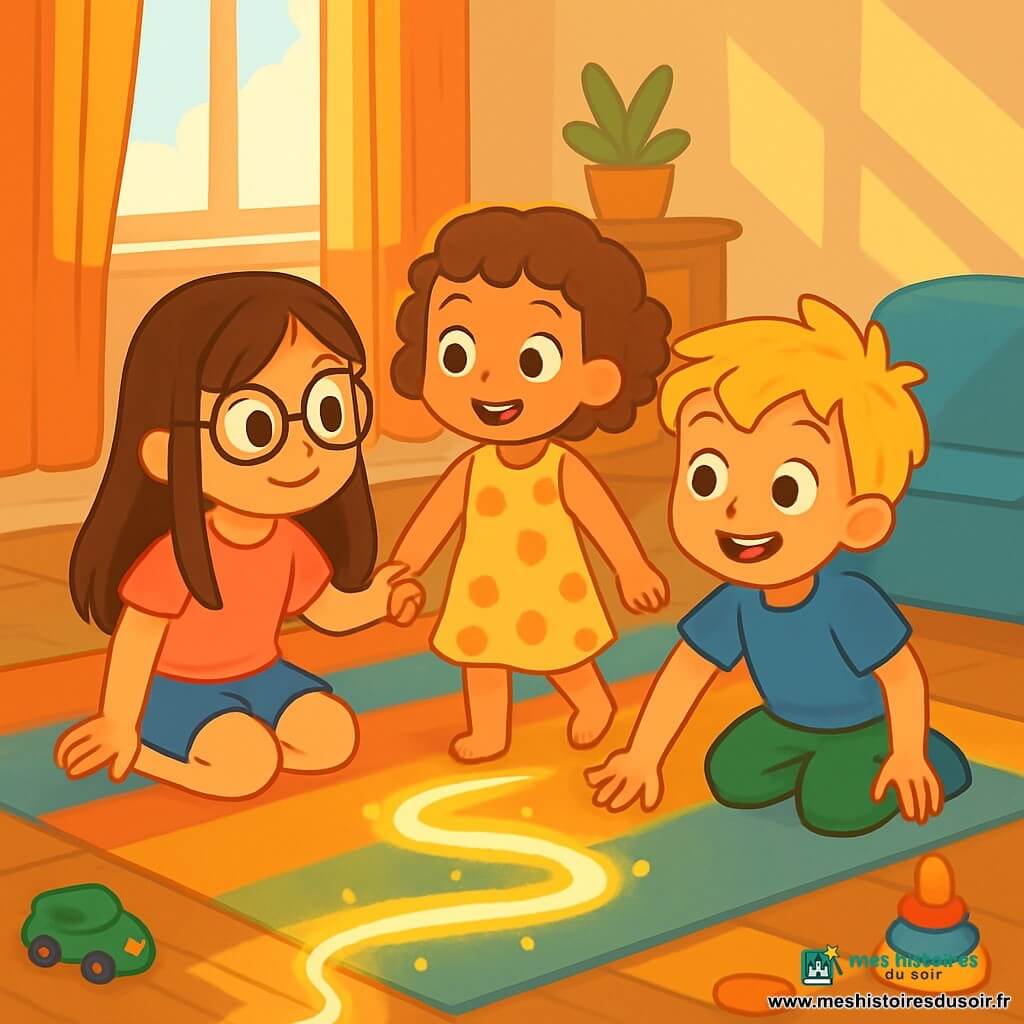 Il y a 3 personnages : Zoé, une fille de 6 ans aux longs cheveux bruns et lunettes rondes, portant un t-shirt rose et un short en jean, assise sur un tapis coloré, observant la lumière sur le sol ; Léo, un garçon de 5 ans avec des cheveux blonds en bataille et un grand sourire, habillé d'un t-shirt bleu et d'un pantalon vert, accroupi près de la lumière ; et Mila, une fille de 4 ans aux cheveux bouclés, en robe à fleurs, debout en tenant la main de Zoé, émerveillée par la lumière. L'action se déroule dans un salon lumineux d'une maison chaleureuse, avec un tapis doux aux couleurs vives et la lumière du soleil filtrant à travers une grande fenêtre. Les enfants suivent une piste de lumière sur le sol, manifestant joie et excitation, prêts pour une aventure magique.